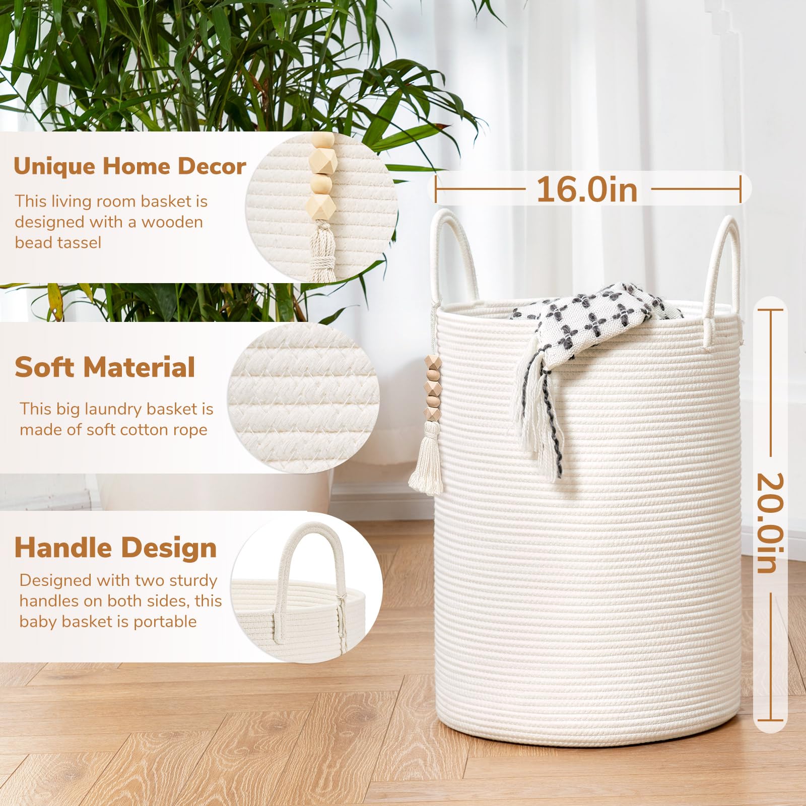 Goodpick White Laundry Basket with Handles - Large Woven Clothes Hamper for Laundry, Towels, Blankets, Toys | Organizer for Bedroom, Living Room, Nursery | 16 x 20 Inch Storage Basket for Home & Playroom Organization