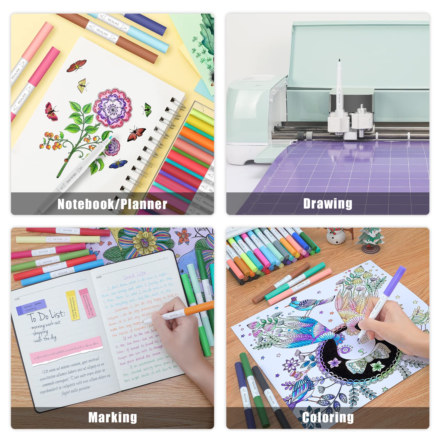 REALIKE 5-Piece Variety Cutting Mat Set & 36-Pack Dual Tip Marker Pens for Cricut Machines - Perfect for DIY Crafts, Scrapbooking, and Vinyl Cutting Projects
