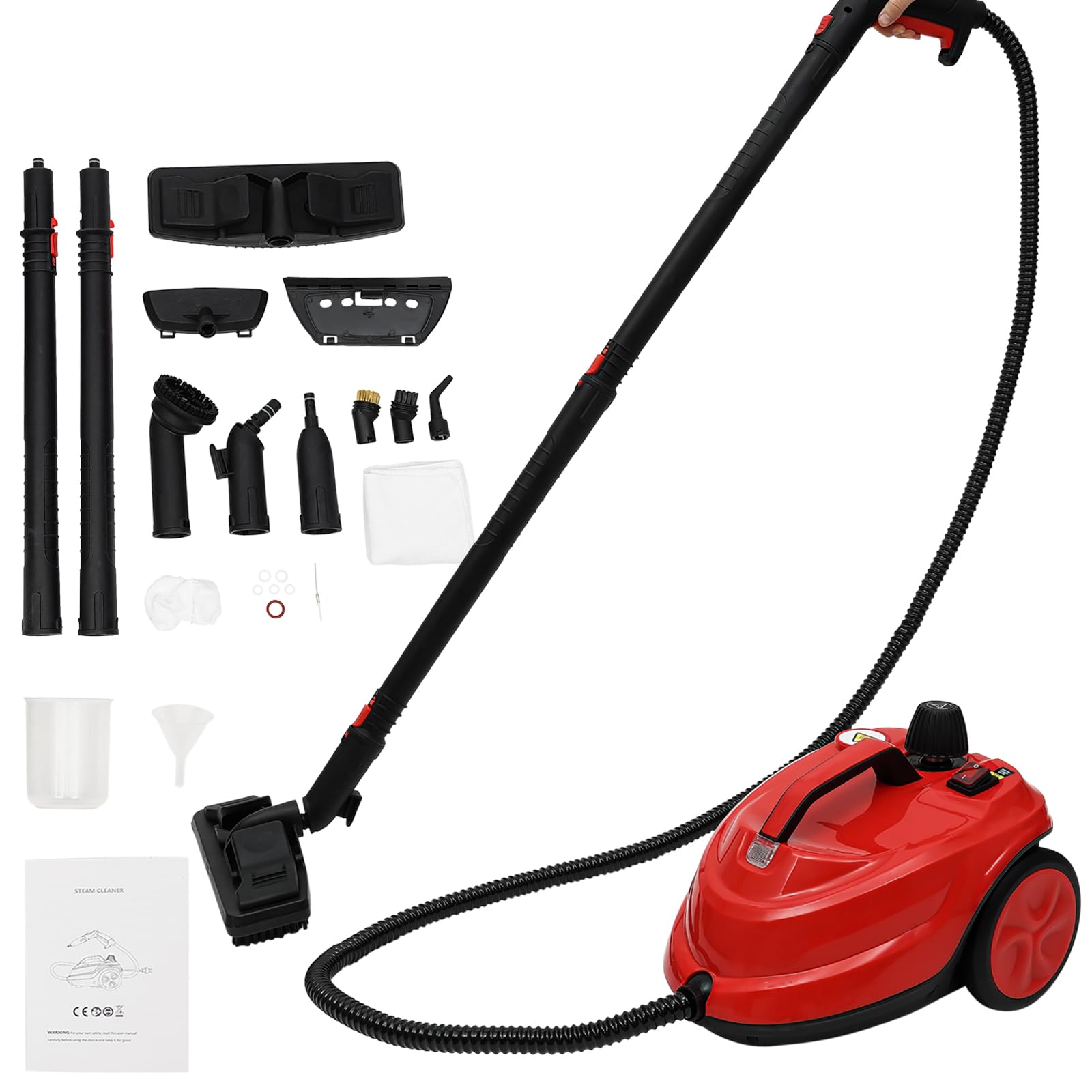 2000W High Pressure Steam Cleaner - Portable Handheld Steamer with Caster & 360° Rotating Brush for Home, Car, Kitchen Cleaning - Perfect for Floors, Upholstery, Tiles, and Grout (Red)