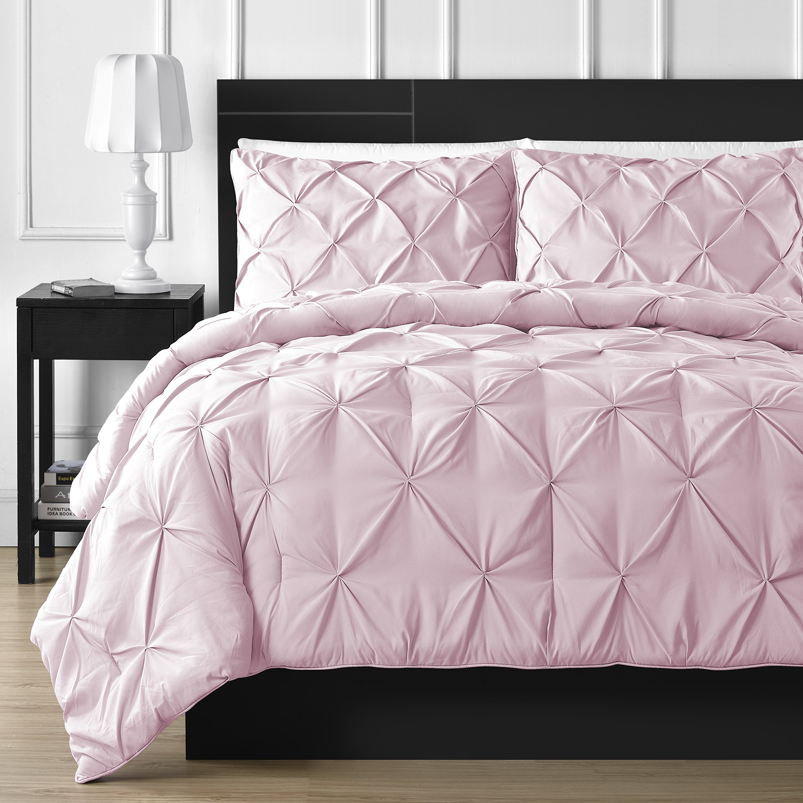 Premium 100% Pure Cotton Pinch Pleat Comforter Set - Double-Needle Stitched Down Alternative Bedding - 500 GSM All-Season Oversized Queen Comforter in Soft Pink | Luxury Pintuck Design for Master Bedroom & Guest Room Decor