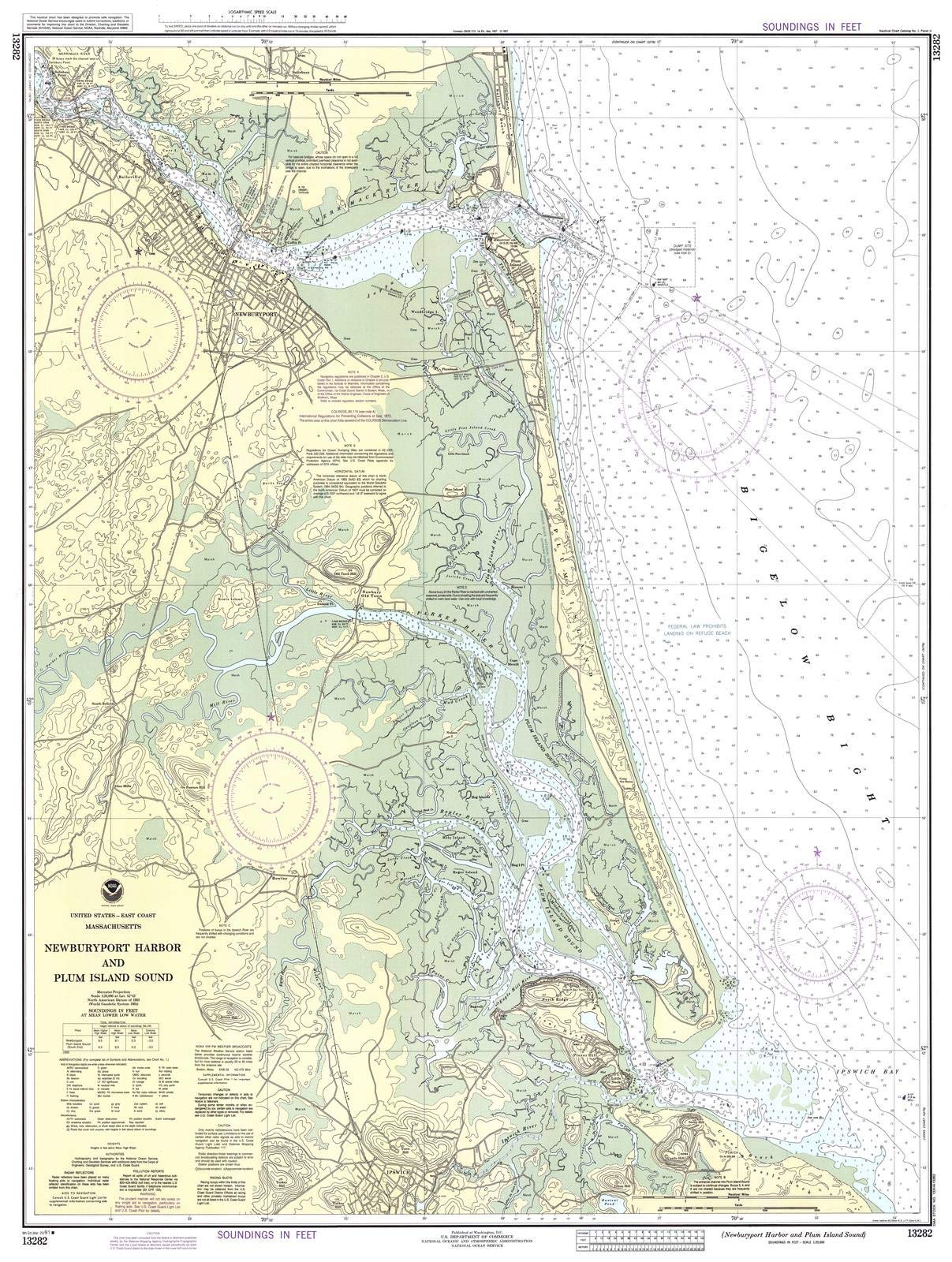 Vintage 1991 NOAA Nautical Chart of Newburyport Harbor & Plum Island Sound Massachusetts - 36x44 Inch Historic Coastal Map Wall Art for Home Office Decor, Nautical Theme Rooms & Maritime Gift Ideas