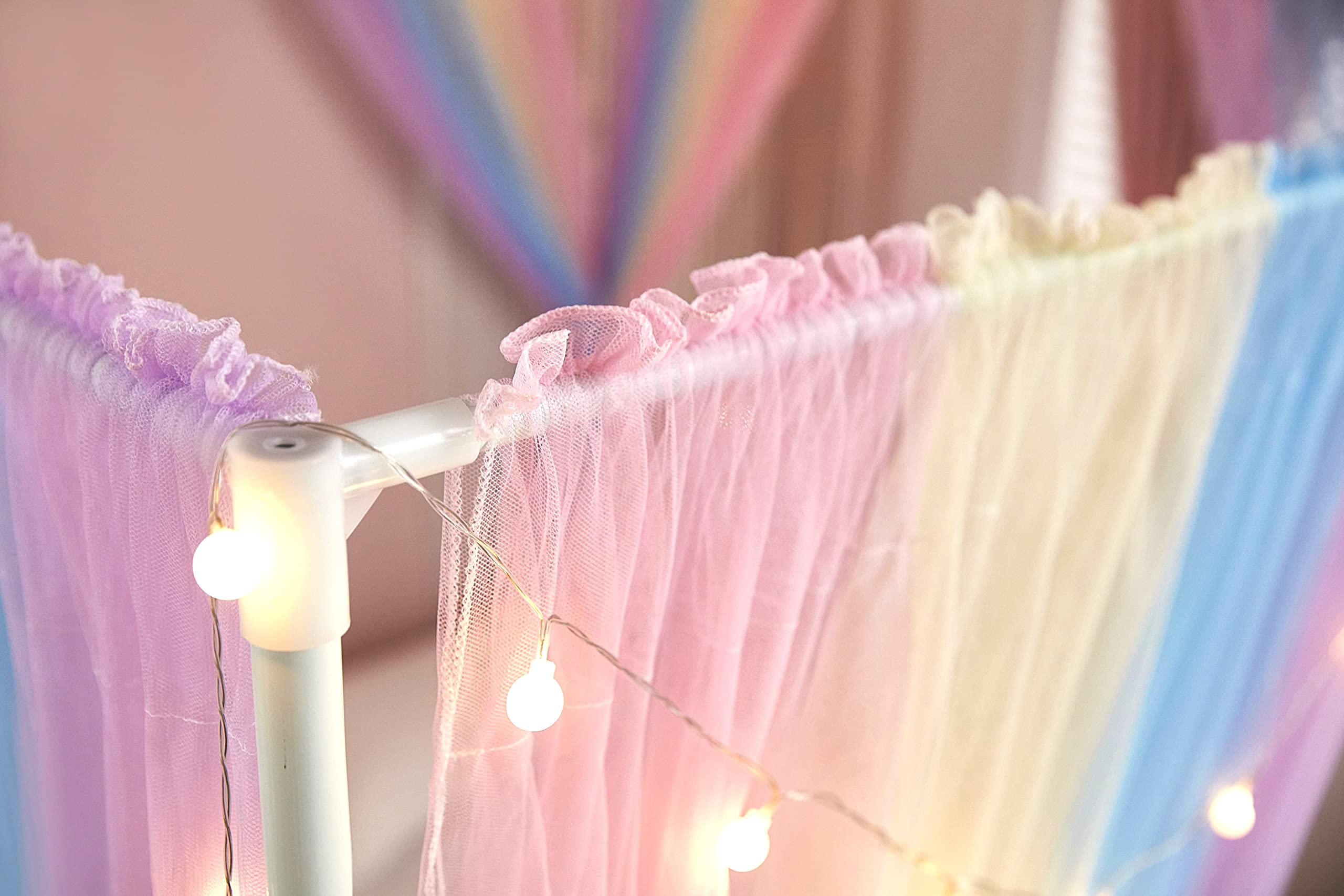 Rainbow Canopy Bed Curtains with LED Lights - 8 Panel Bed Drapes Netting for Twin Size Beds, Dreamy Bedroom Decor for Girls & Adults - Perfect for Romantic Nights, Boho Bedroom Makeover and Cozy Reading Nook