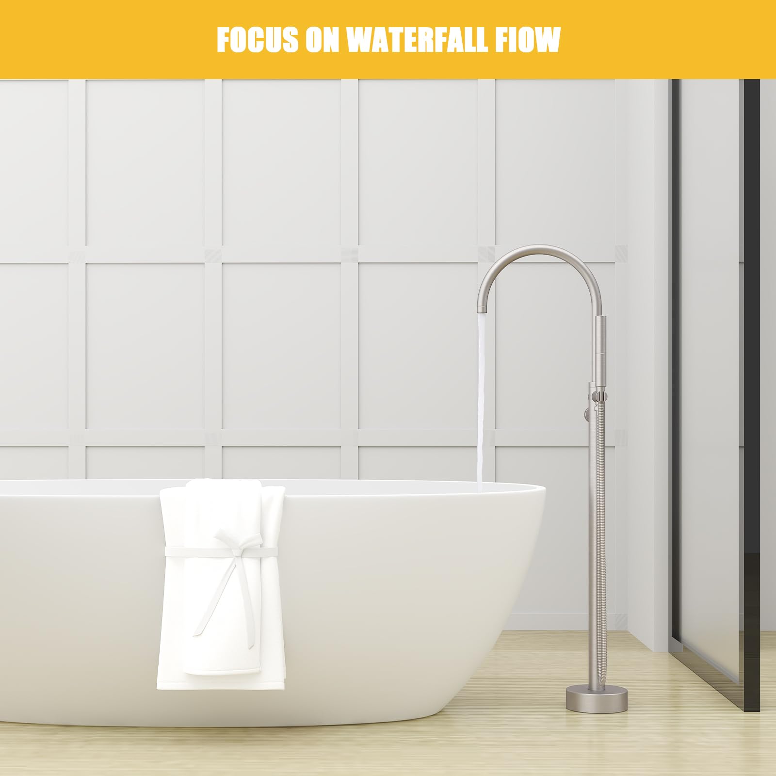 BESy Freestanding Bathtub Faucet - Floor Mount Brass Tub Filler with 2-Function Hand Sprayer & Swivel Spout, Brushed Nickel Finish - Perfect for Modern Bathroom & Spa Relaxation