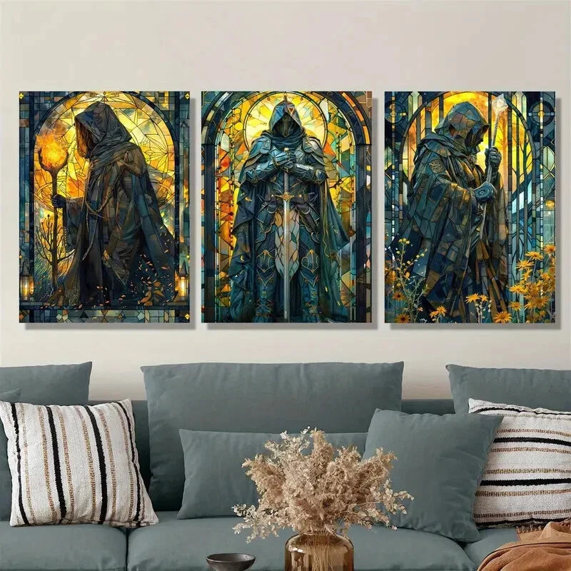 3-Piece Fantasy Paladin Warrior Metal Wall Art Prints - Ready to Hang Medieval Knight Decor for Living Room, Bedroom & Gaming Room