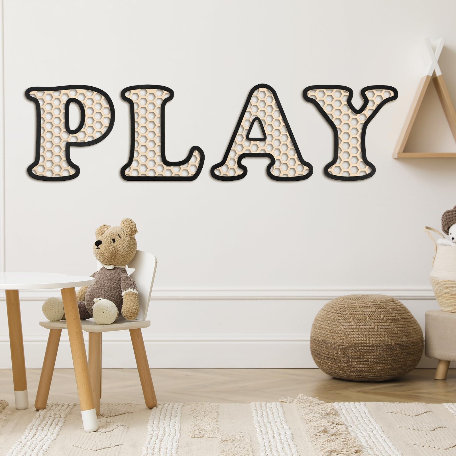Boho Wooden Rattan Letters Set - Playroom Wall Decor, Nursery Room Art, Kids Playroom Sign (Black) - Perfect for Baby Room, Classroom & Boho Home Decor