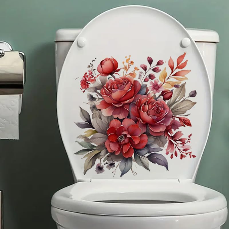 Peony Flower Toilet Cover Sticker Decals - Waterproof Self-Adhesive Bathroom Decor with Fish, Bird, Flower & Leaf Designs - White - Perfect for Bathroom, Toilet Tank & Wall Decoration