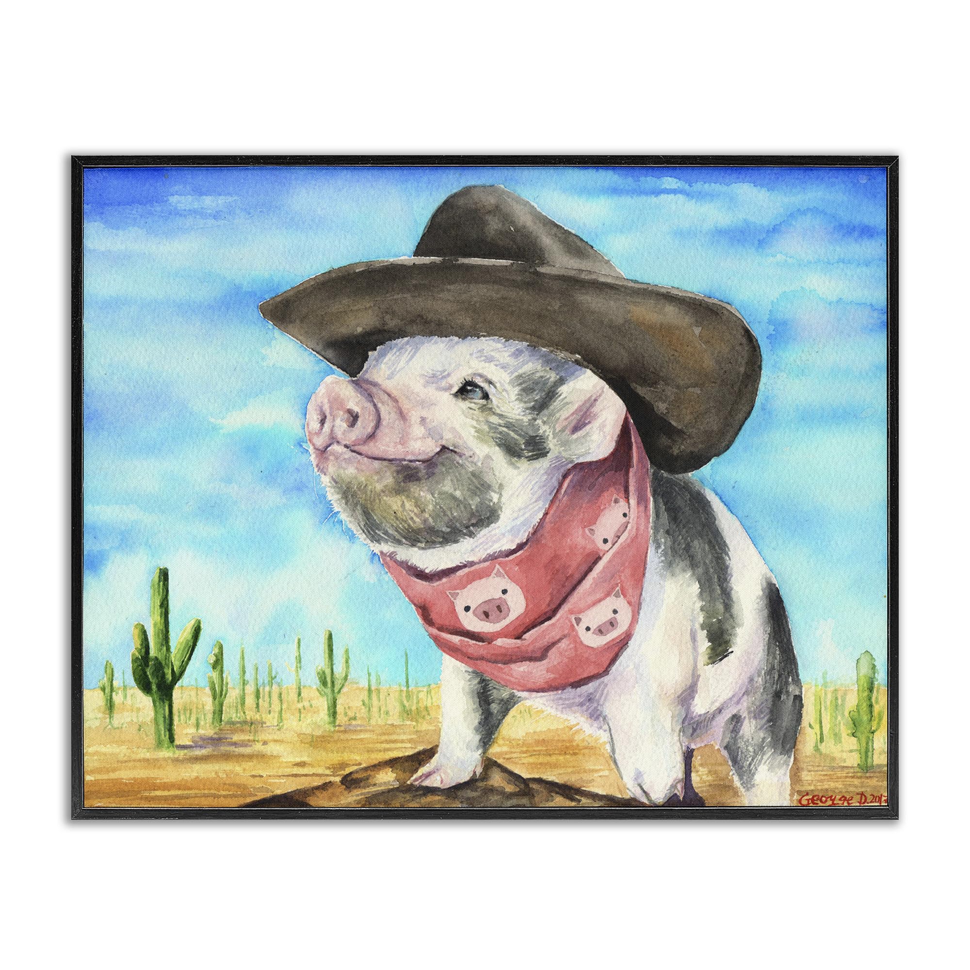 Stupell Industries Funny Wild West Fashion Baby Pig Blue Watercolor Painting - Black Framed Wall Art Decor, 24x30 Inches, Multicolor - Perfect for Nursery, Kids Room & Western-Themed Home Decor