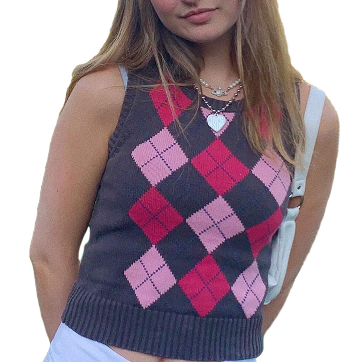 Sllsky Women's Argyle Knit Vest - Casual Korean Style Pullover Sweater, Preppy Streetwear Crop Tank Top for Fall Fashion & Layering Outfits