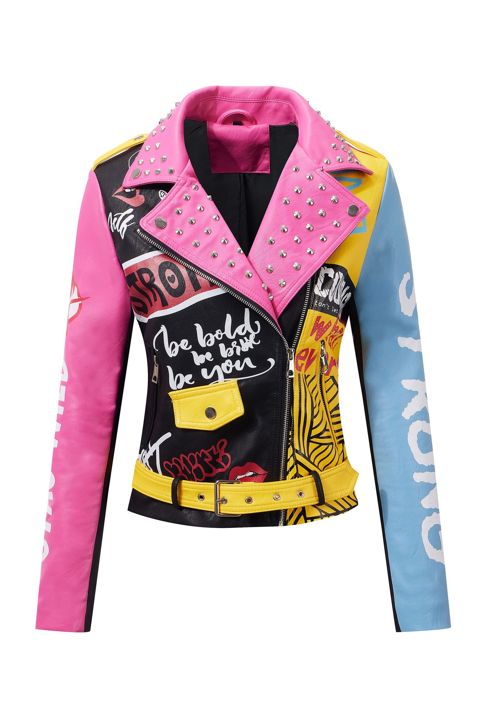 RISISSIDA Women's Faux Leather Jacket with Studs & Rivets - Trendy Moto Biker Jacket for Spring, Fall & Winter - Streetwear Fashion with Belt - Perfect for Casual Outings, Nightlife & Motorcycle Riding
