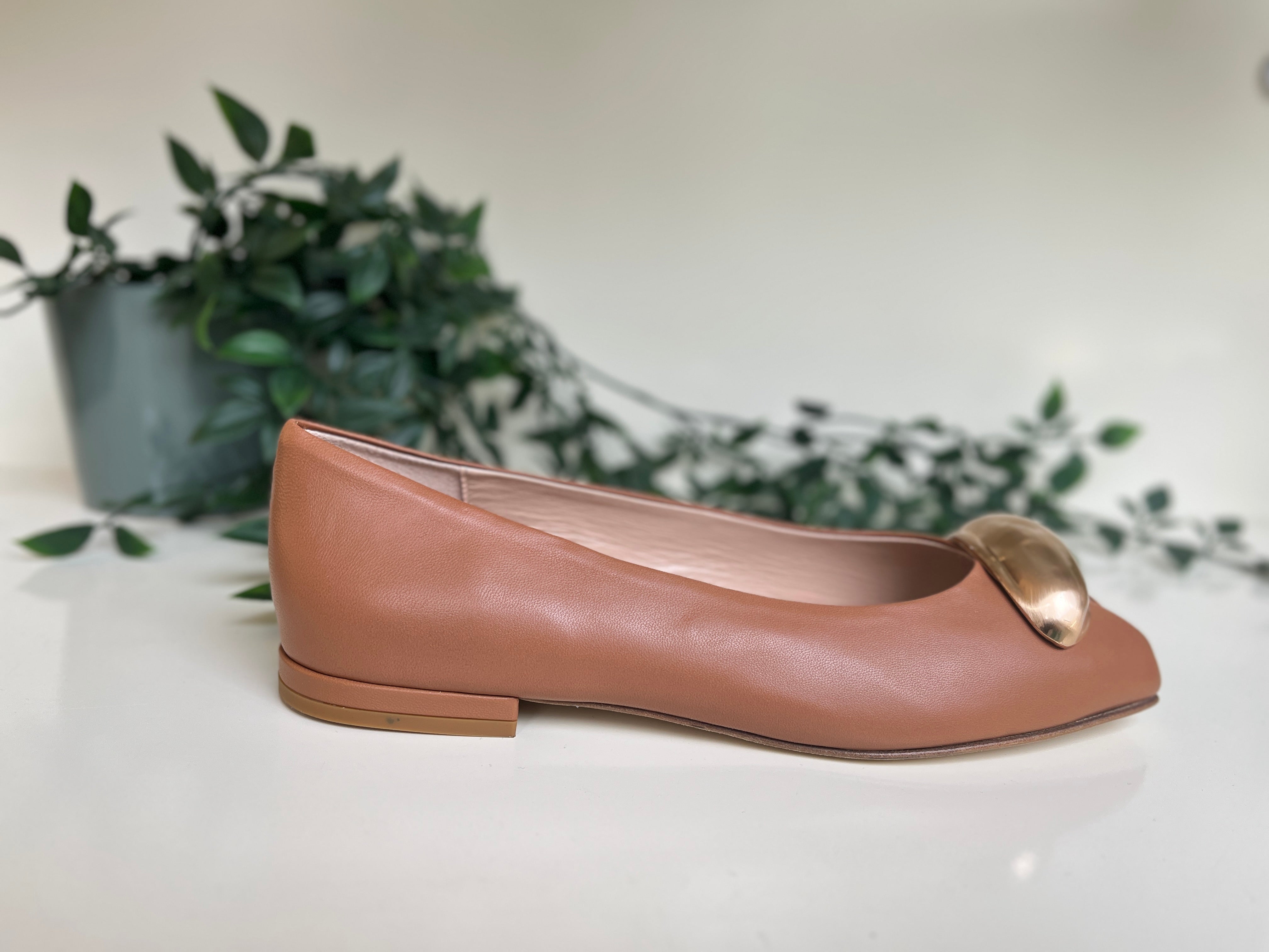 Fabucci Women's Tan Leather Peep Toe Ballet Flats - Comfortable Slip-On Shoes for Work, Office & Casual Wear
