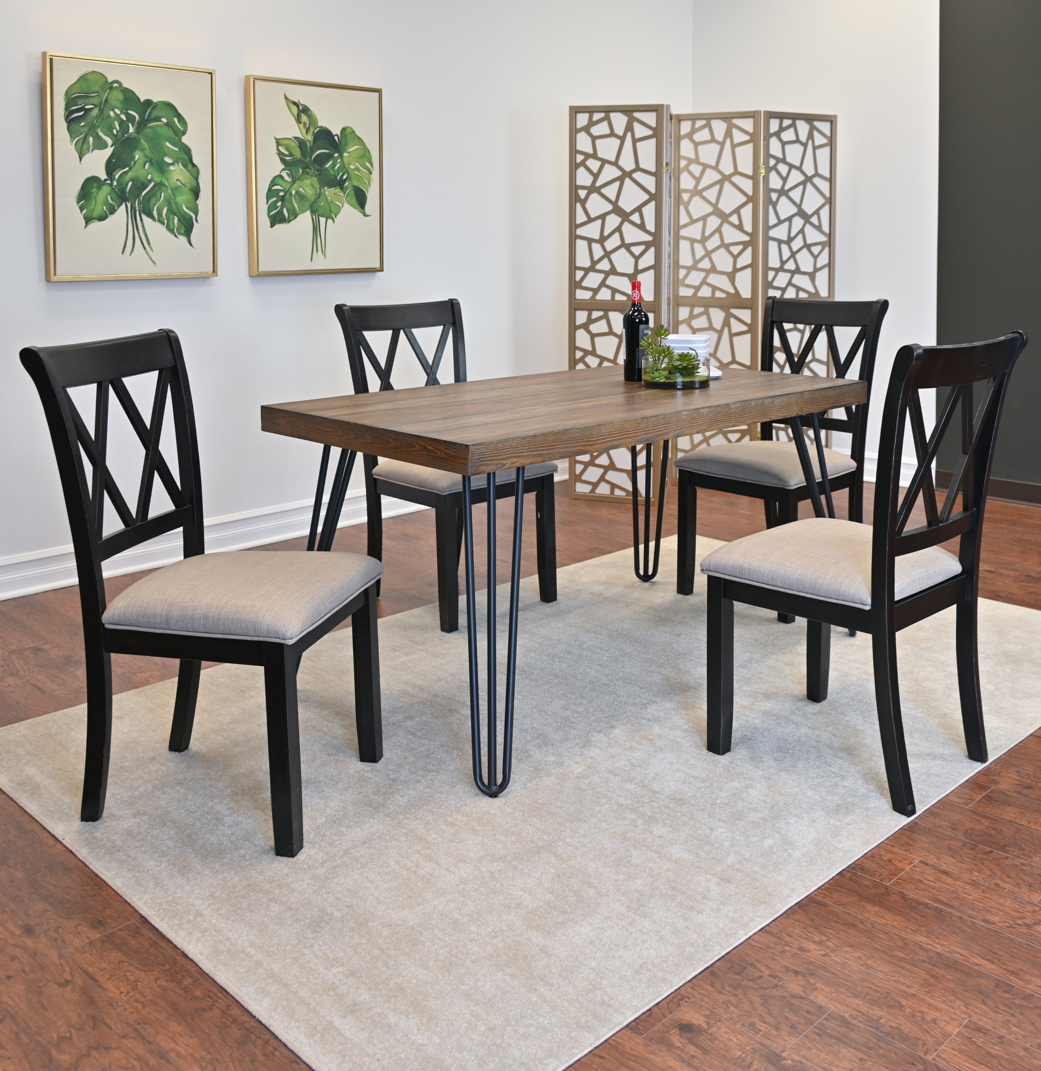 Roundhill Furniture Arroyo 5-Piece Dining Set - Hairpin Leg Dining Table with 4 Cross Back Chairs in Rich Black | Modern Kitchen & Dining Room Furniture for Small Spaces