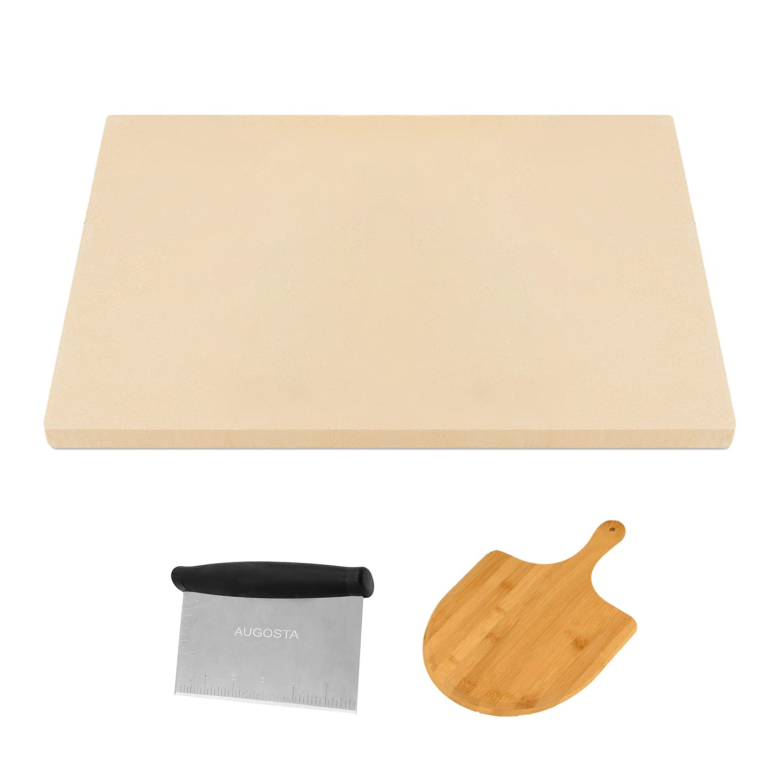 AUGOSTA 15 x 12 Inch Pizza Stone Set with Wooden Pizza Peel & Dough Scraper - Perfect for Baking Homemade Pizza, Bread, and Pastries in Oven or Grill