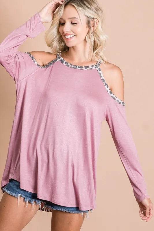 Stylish BiBi Jersey Knit Cold Shoulder Top with Leopard Neck Detail - Perfect for Casual Outings, Date Nights & Summer Fashion