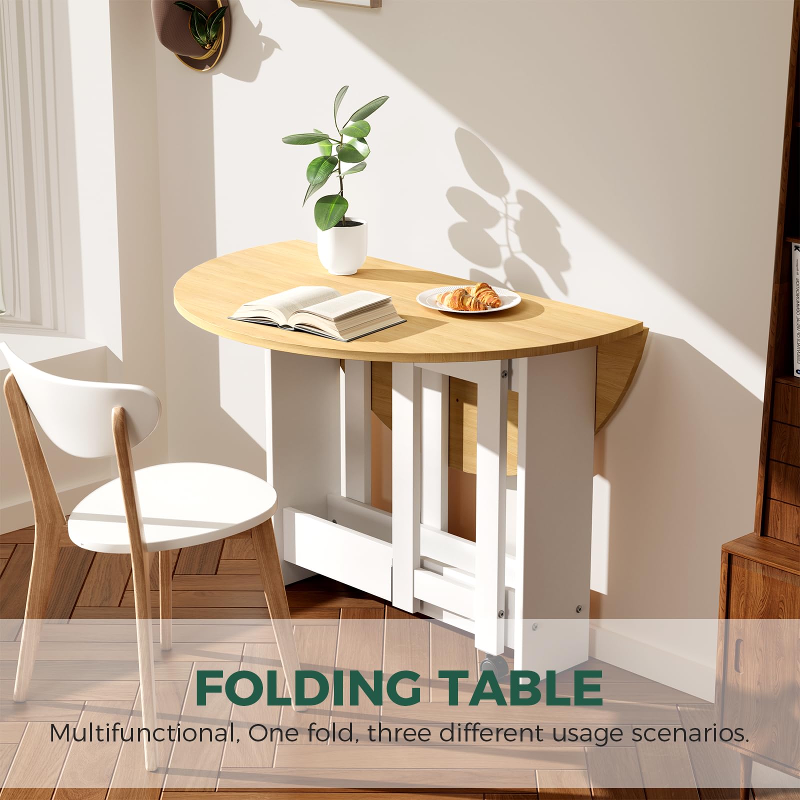 Round Drop-Leaf Folding Dining Table - Space Saving Extendable Kitchen Table with Storage & Wheels | Multifunctional Convertible Farmhouse Table for Small Spaces | Perfect for Apartments, Dorms, Living Rooms & Compact Dining Areas
