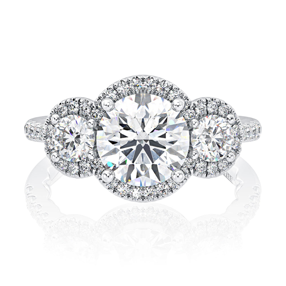 A. JAFFE Three Stone Round Center Diamond Engagement Ring with Round Diamond Halos - Elegant Wedding, Proposal & Anniversary Jewelry Gift for Her