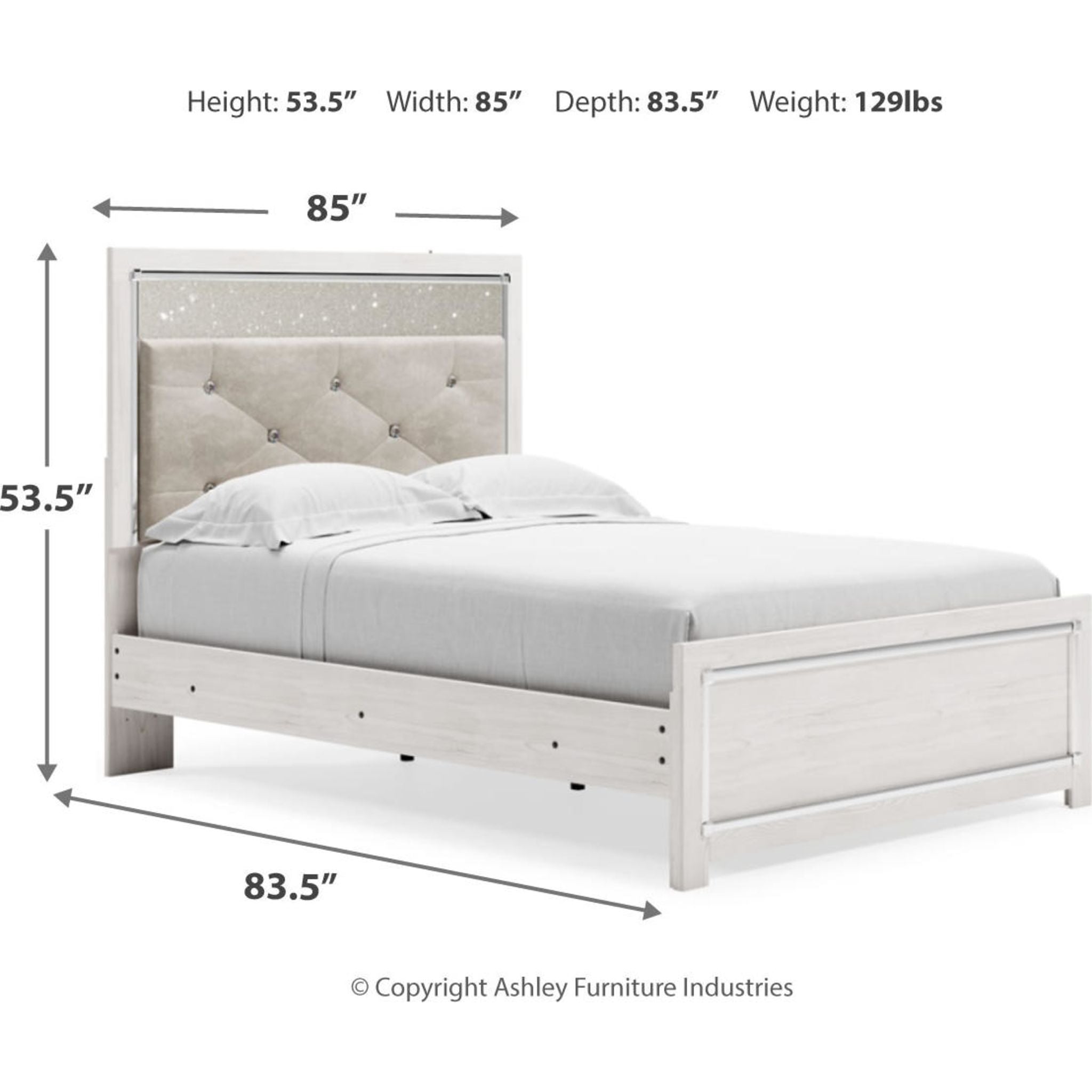 Altyra White Panel Bed Frame - Queen Size, Modern Platform Bed with Upholstered Headboard for Bedroom Decor