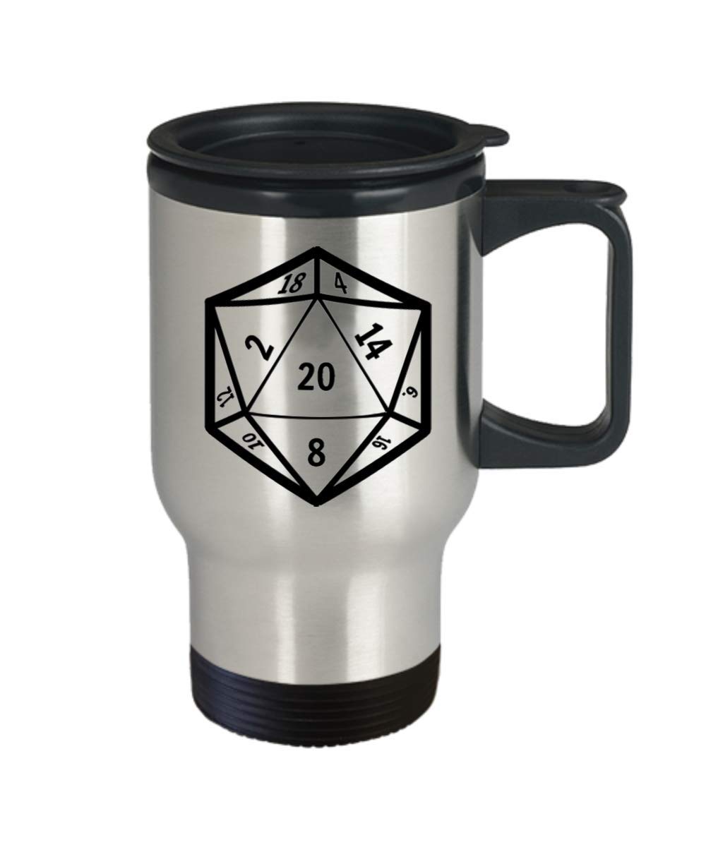 D20 Dice Coffee Mug 14oz - Dungeons & Dragons DND Travel Cup with Character Alignment Chart - Perfect for Tabletop Gaming, Pathfinder, Gifts & Geeky Coffee Lovers