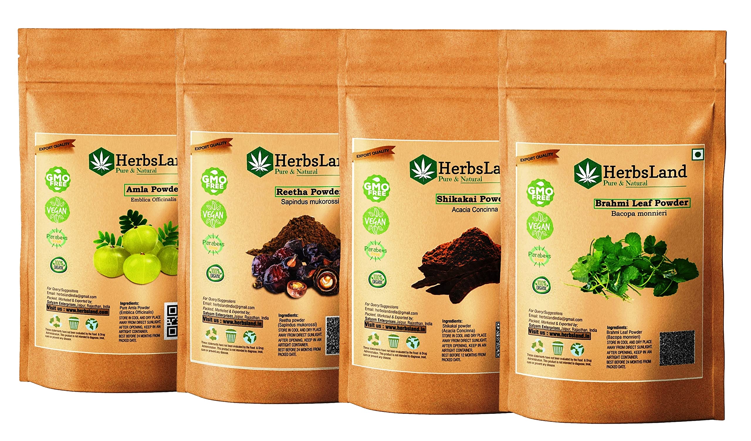 HerbsLand® Pure Bio Organic Amla Reetha Shikakai Brahmi Leaf Powder - Natural Hair Growth & Anti-Dandruff Treatment | Face & Skin Care | Chemical-Free Shampoo Alternative (90g x 4 Pack) | Perfect for Ayurvedic Hair Masks, Scalp Treatments & Holistic Beauty Routines
