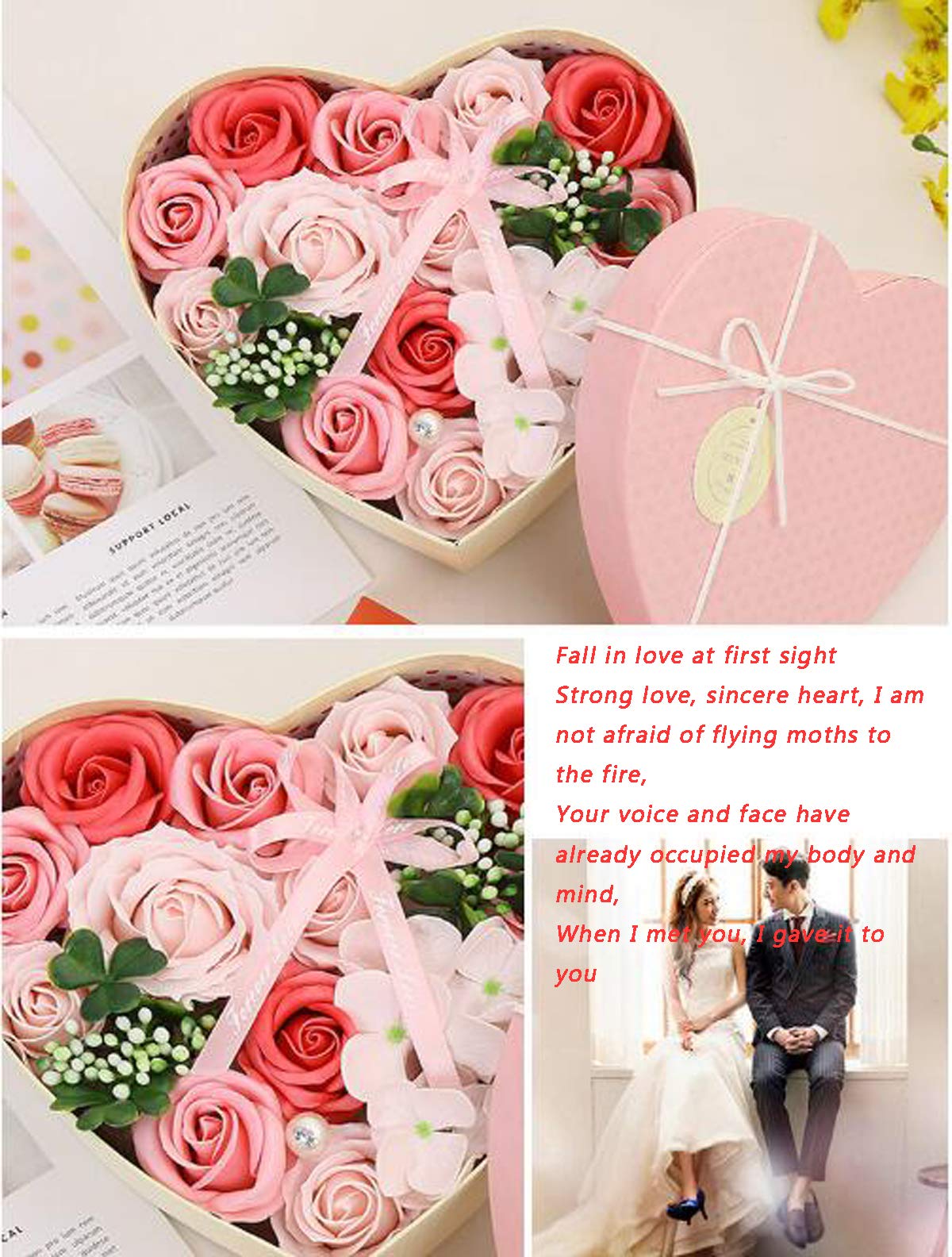 Luxury Artificial Rose Floral Bath Soap Set with Real Petals - Romantic Gift for Women, Girlfriend, Wife, Mom - Perfect for Valentine's Day, Anniversary, Wedding, Birthday, Christmas (Red) - Create Spa-like Relaxation at Home