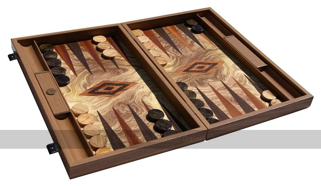 Premium 15-inch Olive Burl Wood Backgammon Set with Storage Compartment & Game Accessories - Luxury Board Game for Home, Travel & Gifts