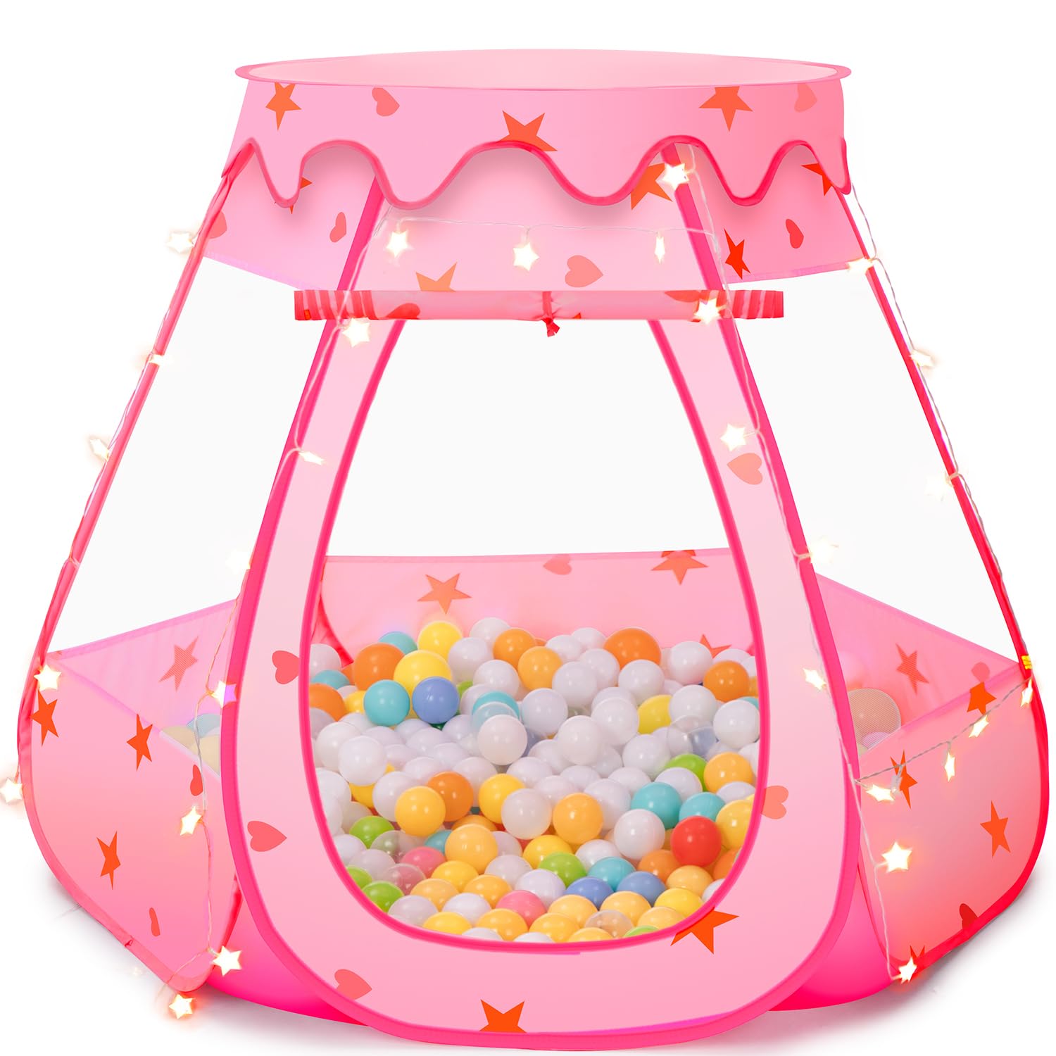 **Baby Ball Pit Play Tent with LED Star Lights - Pop Up Princess Castle for Toddlers & Kids - Indoor Outdoor Playhouse Toy for Girls - Perfect Birthday Gift (Pink) - Fun for Playrooms, Parties & Backyard Adventures**
