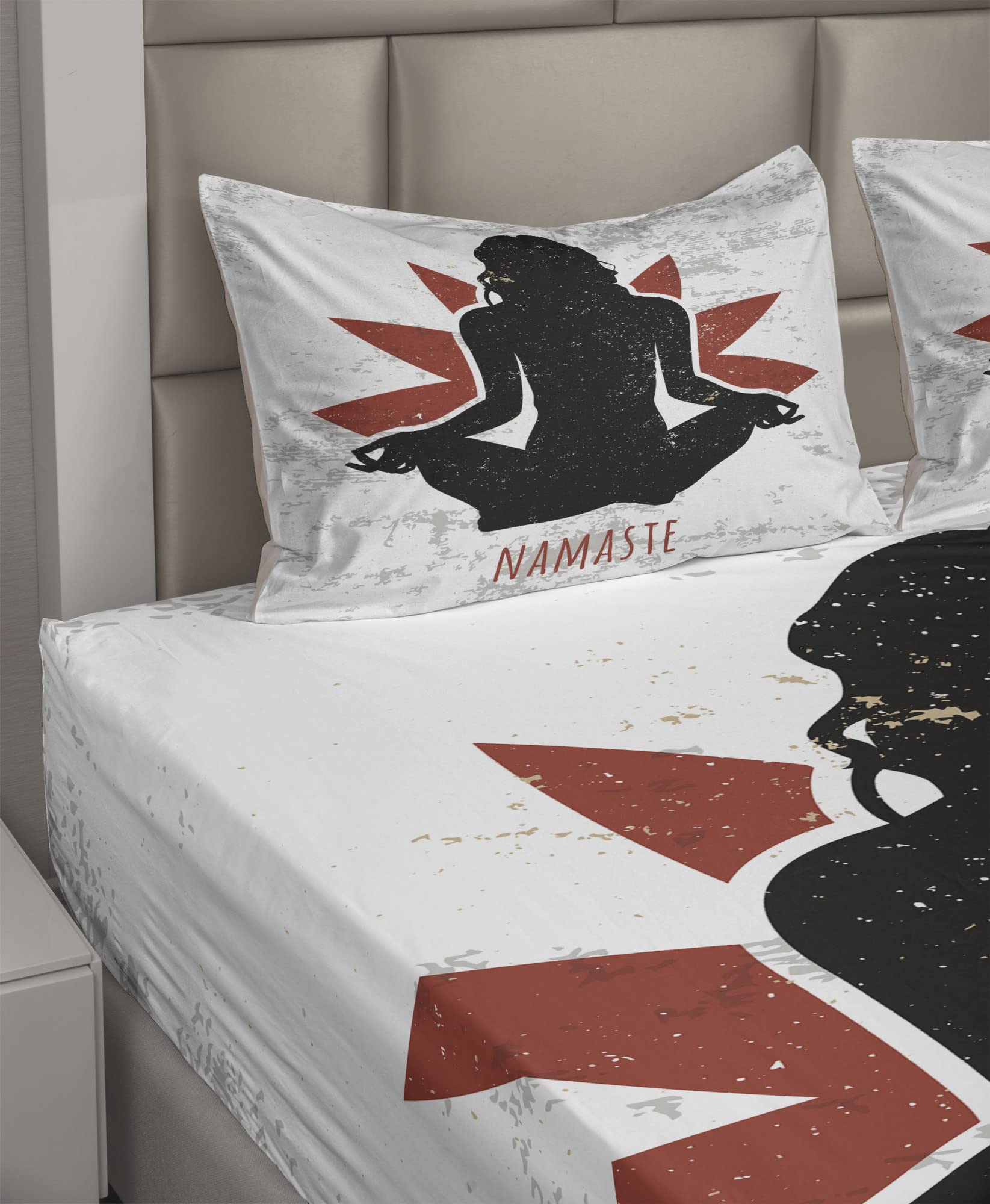 Ambesonne 4-Piece Yoga Sheet Set - King Size Fitted & Flat Sheet with Pillowcases, Orange Black White Lotus Pose Design | Perfect for Meditation Rooms, Yoga Studios & Boho Bedroom Decor