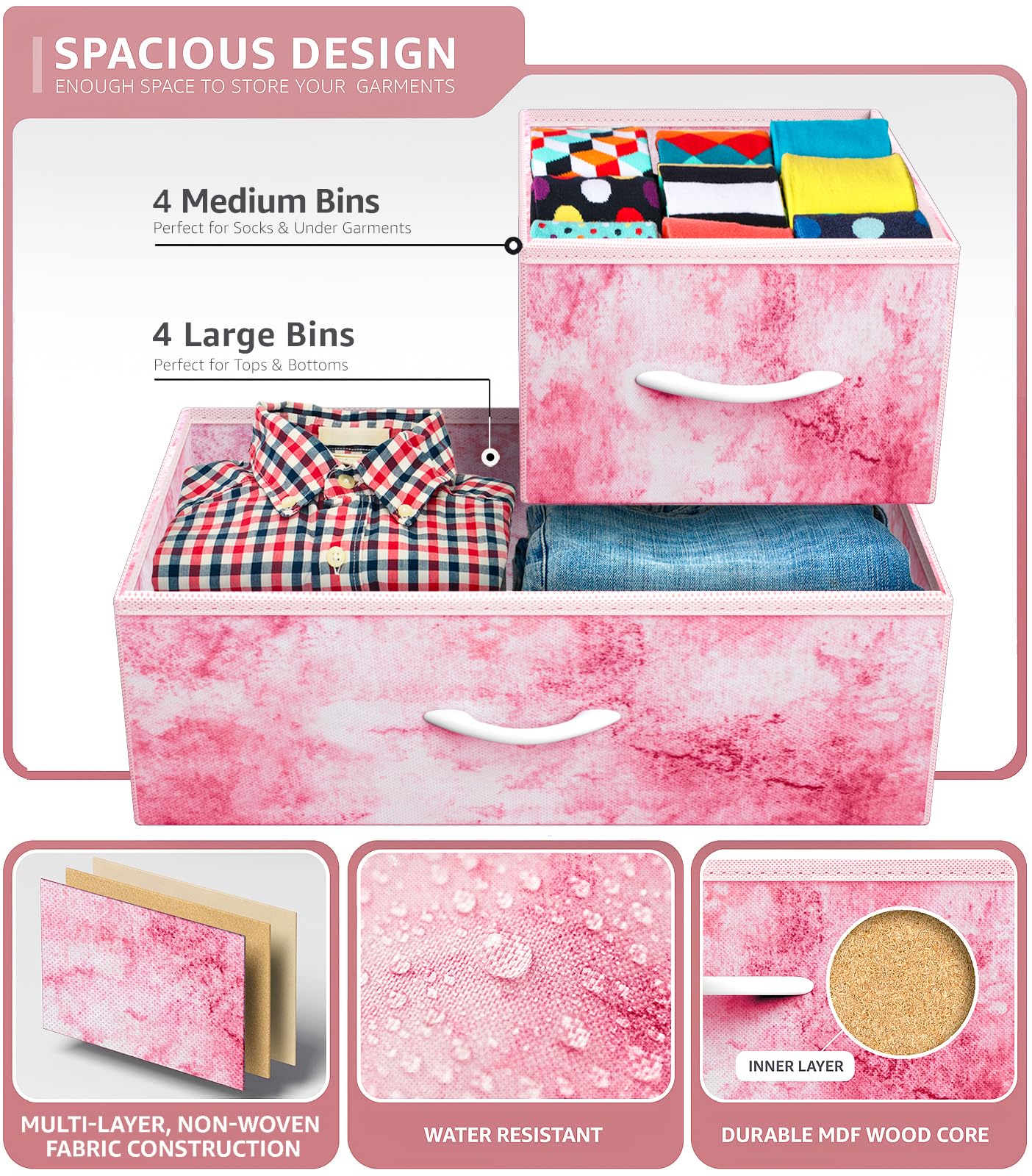 Sorbus 8-Drawer Dresser Storage Chest for Kids & Teens - Sturdy Steel Frame with Wood Top & Fabric Bins - Nursery, Bedroom, Playroom Organizer for Clothes, Toys (Tie-Dye Pink) - Perfect for Small Space Organization & Kids Room Decor
