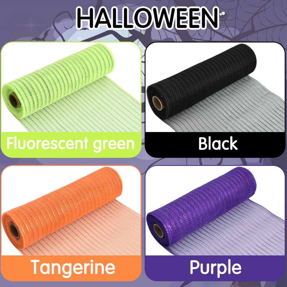 TONIFUL 4 Rolls 10 Inch Decorative Mesh Ribbon - Black Orange Purple Green Wreath Supplies, 30ft per Roll (120ft Total) for Christmas Tree Decor, Front Door Wreaths, DIY Crafts, Halloween & New Year Party Decorations