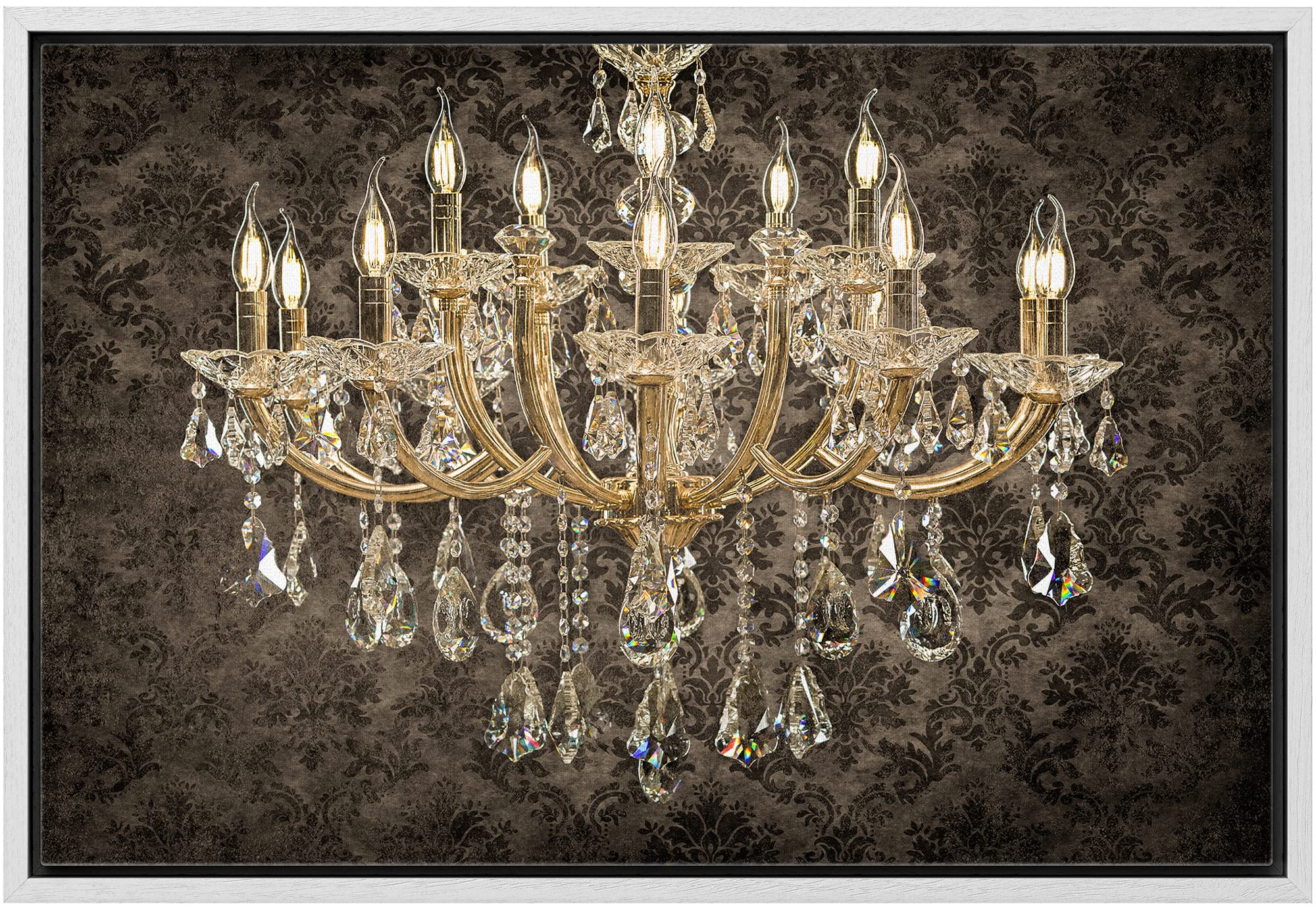 Wall26 Framed Canvas Print - Victorian Chandelier Black Pattern Digital Art, Contemporary Chic Wall Decor for Living Room, Bedroom, Office - 16x24 Inch White Frame | Perfect for Home Decor, Housewarming Gifts & Interior Design