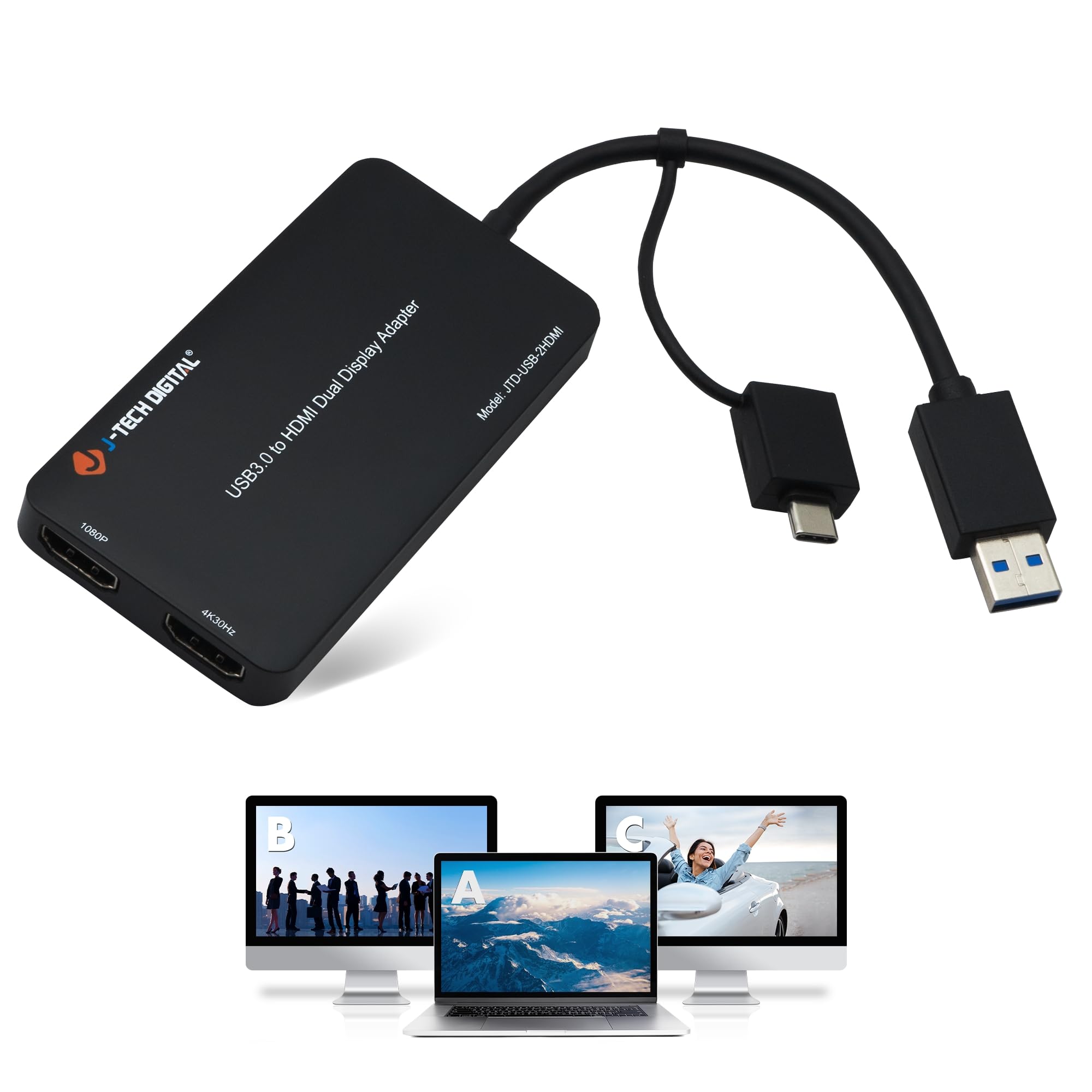 J-Tech Digital USB C to HDMI Adapter 4K 30Hz & 1080P 60Hz - Dual Monitor Adapter for USB-A/USB-C - USB Powered with Mirror/Extend/Rotation/Clamshell Modes - Ideal for Home Office, Gaming & Presentations [JTD-USB-2HDMI]