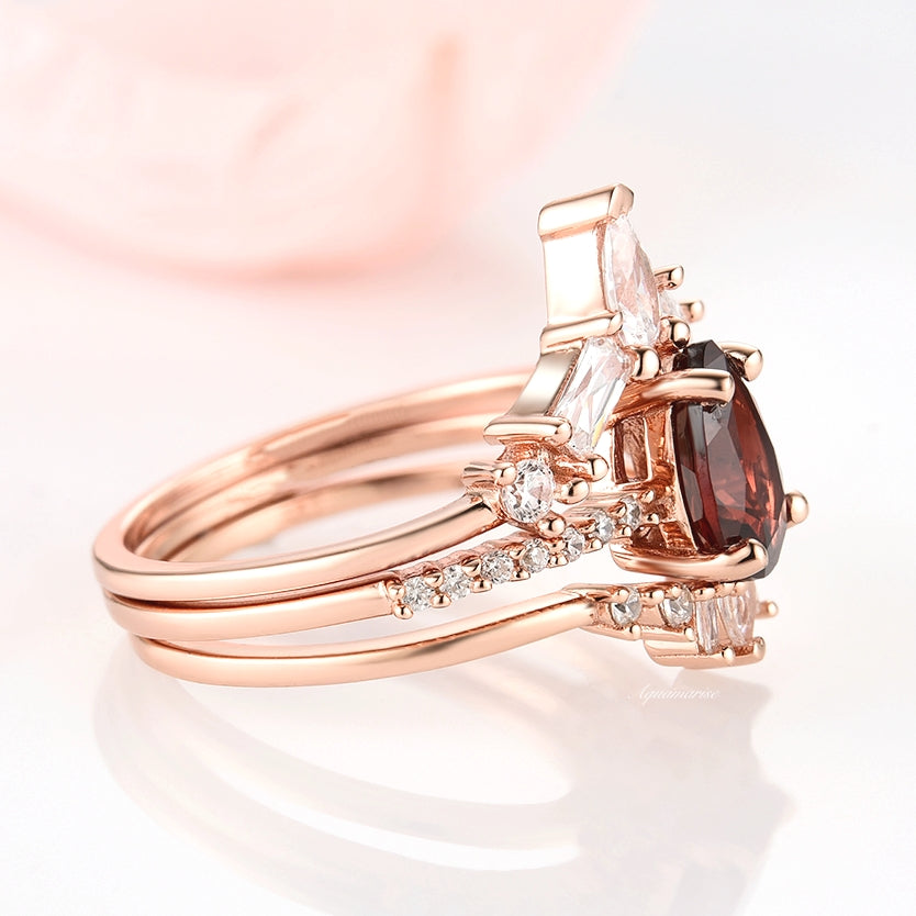 Natural Garnet 3-Piece Ring Set in 14K Rose Gold Vermeil - Perfect for Valentine's Day, Anniversary Gifts & Everyday Elegance
