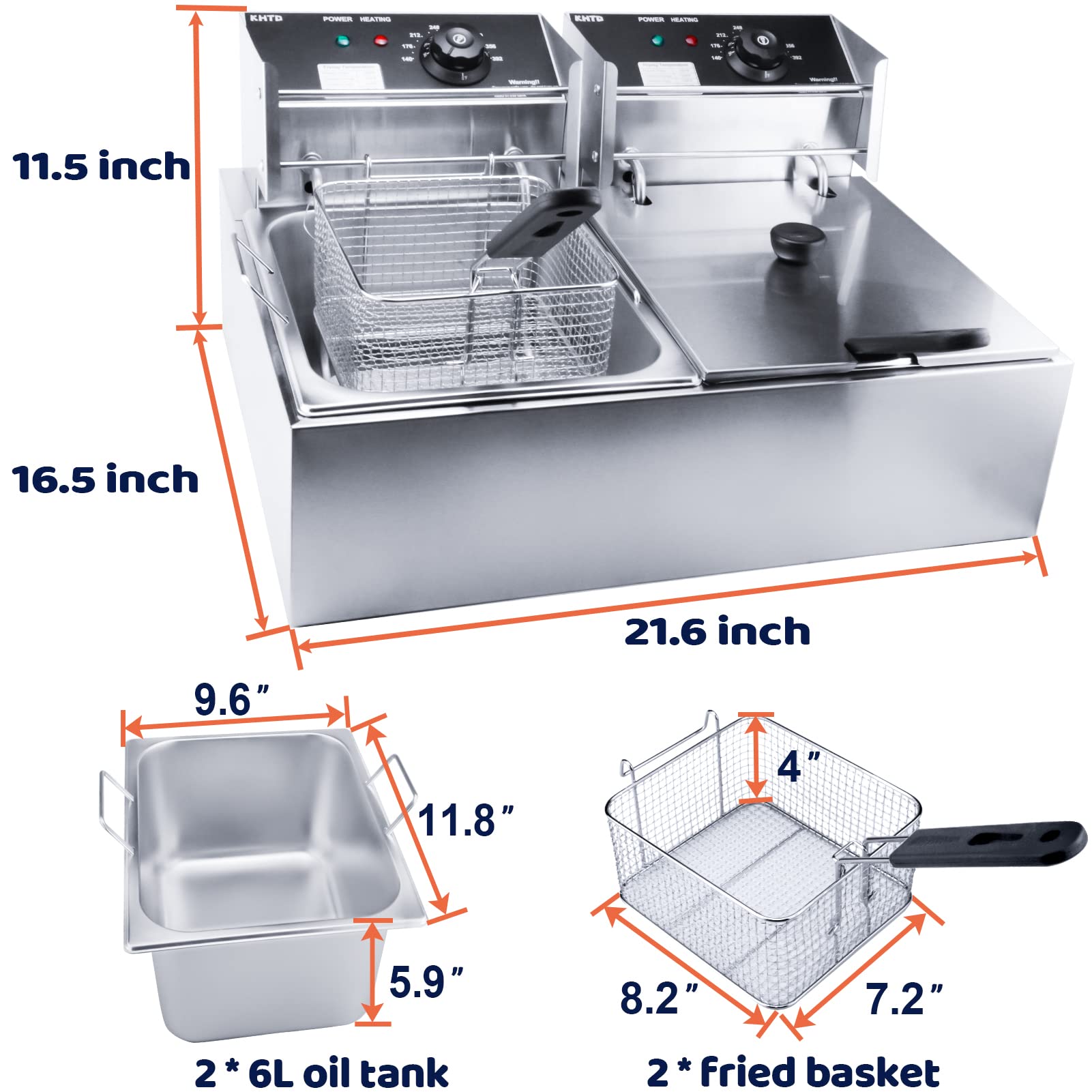 Commercial Deep Fryer with Basket - 3400W 12.7QT/12L Stainless Steel Electric Oil Fryer with Temperature Control - Large Capacity Detachable Countertop Fryer for Restaurant, Home Kitchen & Catering Use