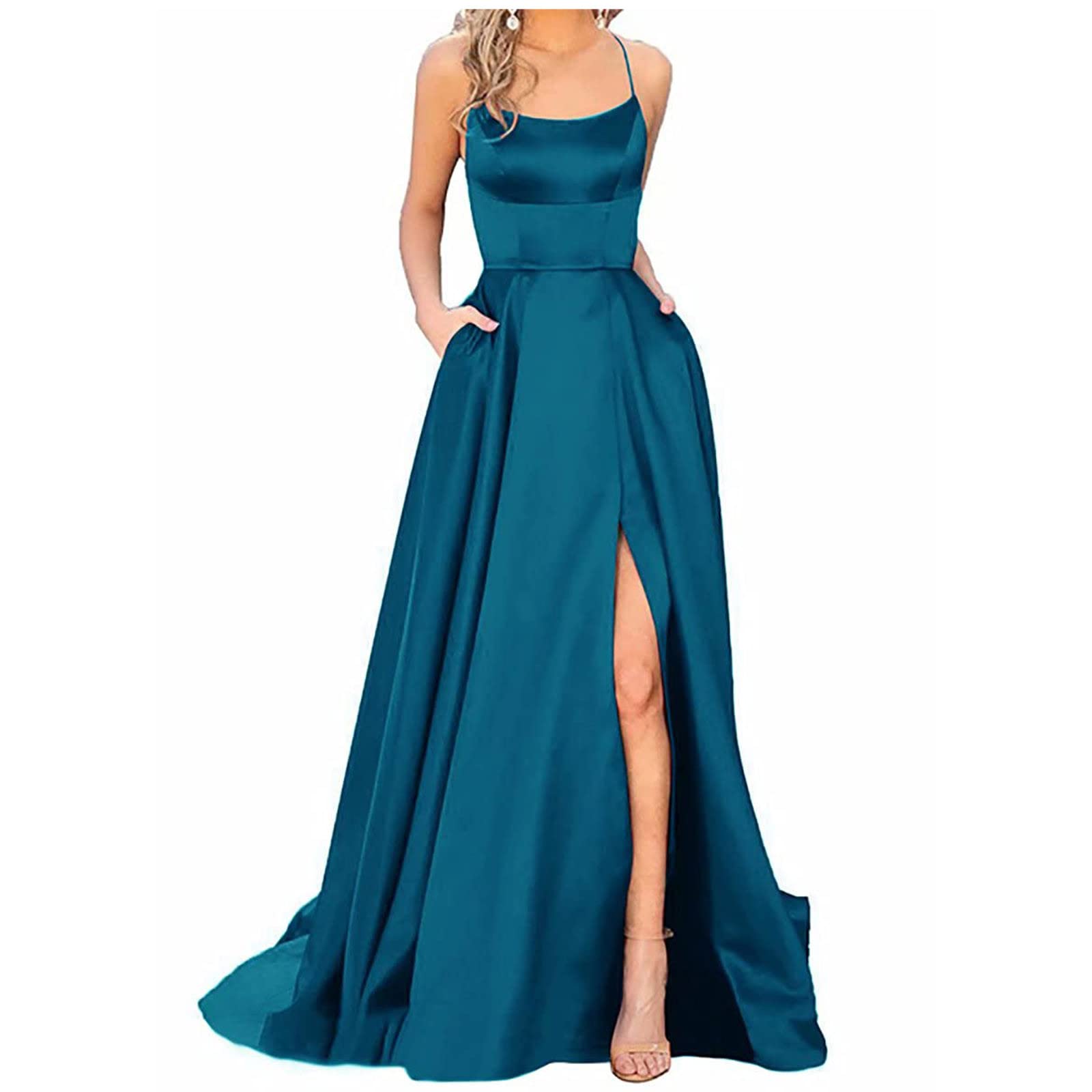 Elegant Women's Side Split Sleeveless Square Neck Spaghetti Strap Maxi Dress - Casual Evening Gown & Cami Dress for Parties, Weddings & Summer Outings