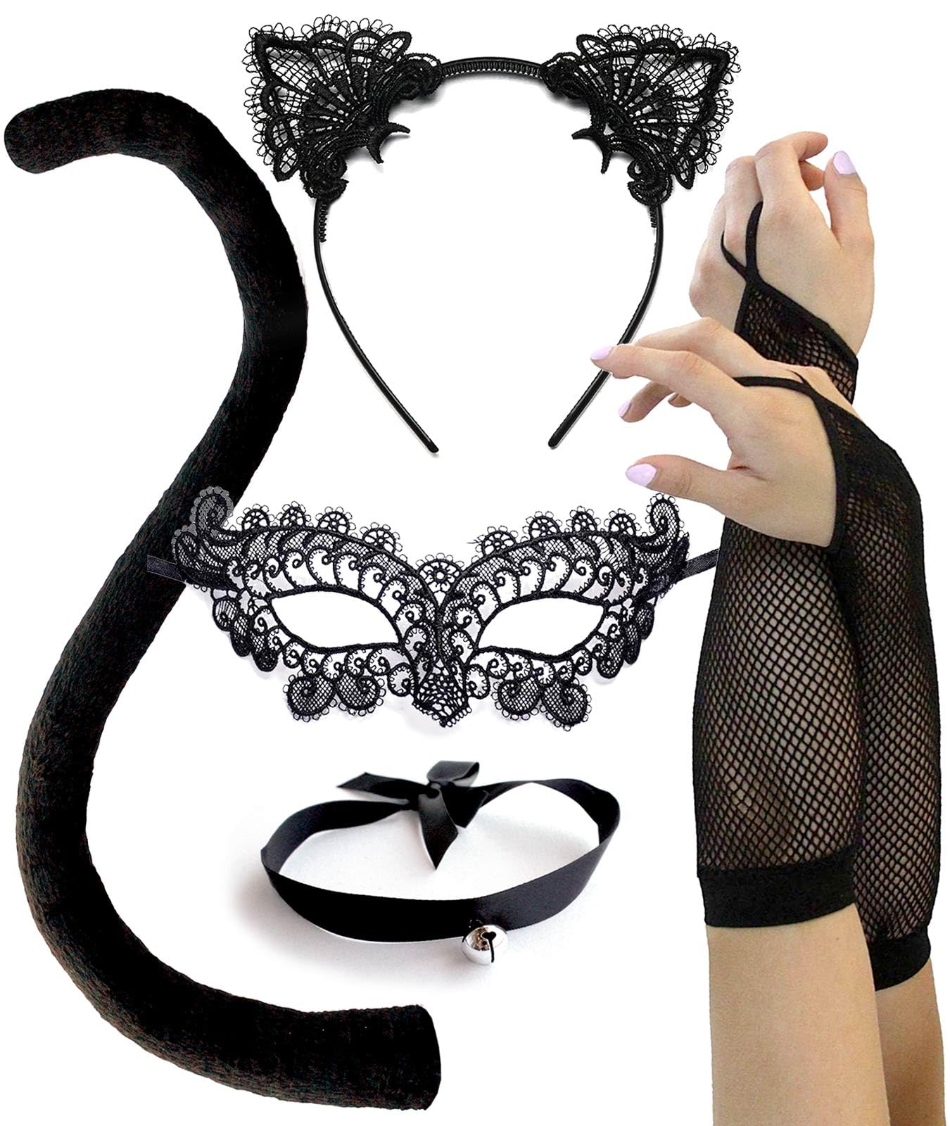 Black Cat Halloween Costume Set with Lace Ears, Gloves, Tail & Choker Necklace - Perfect for Cosplay, Masquerade Balls & Halloween Parties