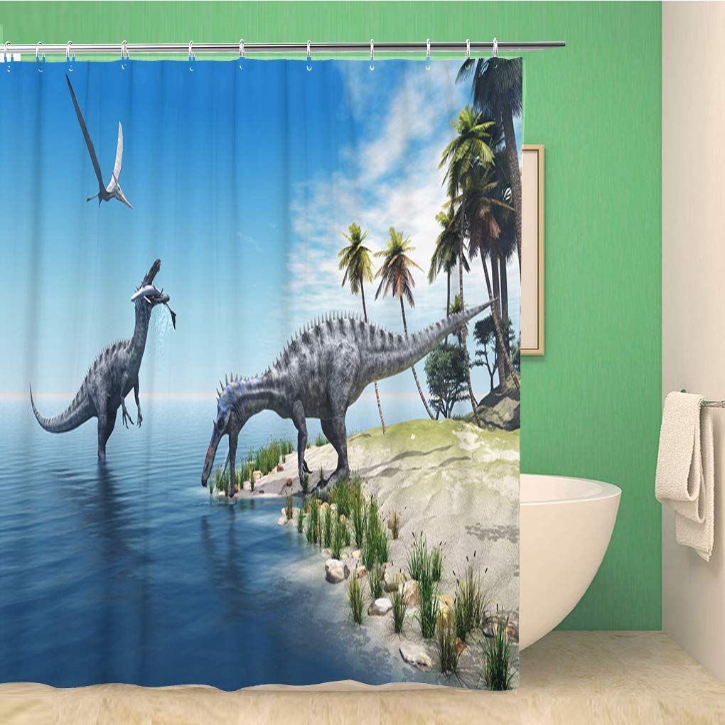 Awowee Waterproof Dinosaur Shower Curtain Set - 66x72 Inch Suchomimus & Pterosaur Design with Hooks | Bathroom Decor for Kids & Dino Lovers | Perfect for Themed Bathrooms, Birthday Gifts & Jurassic Decor