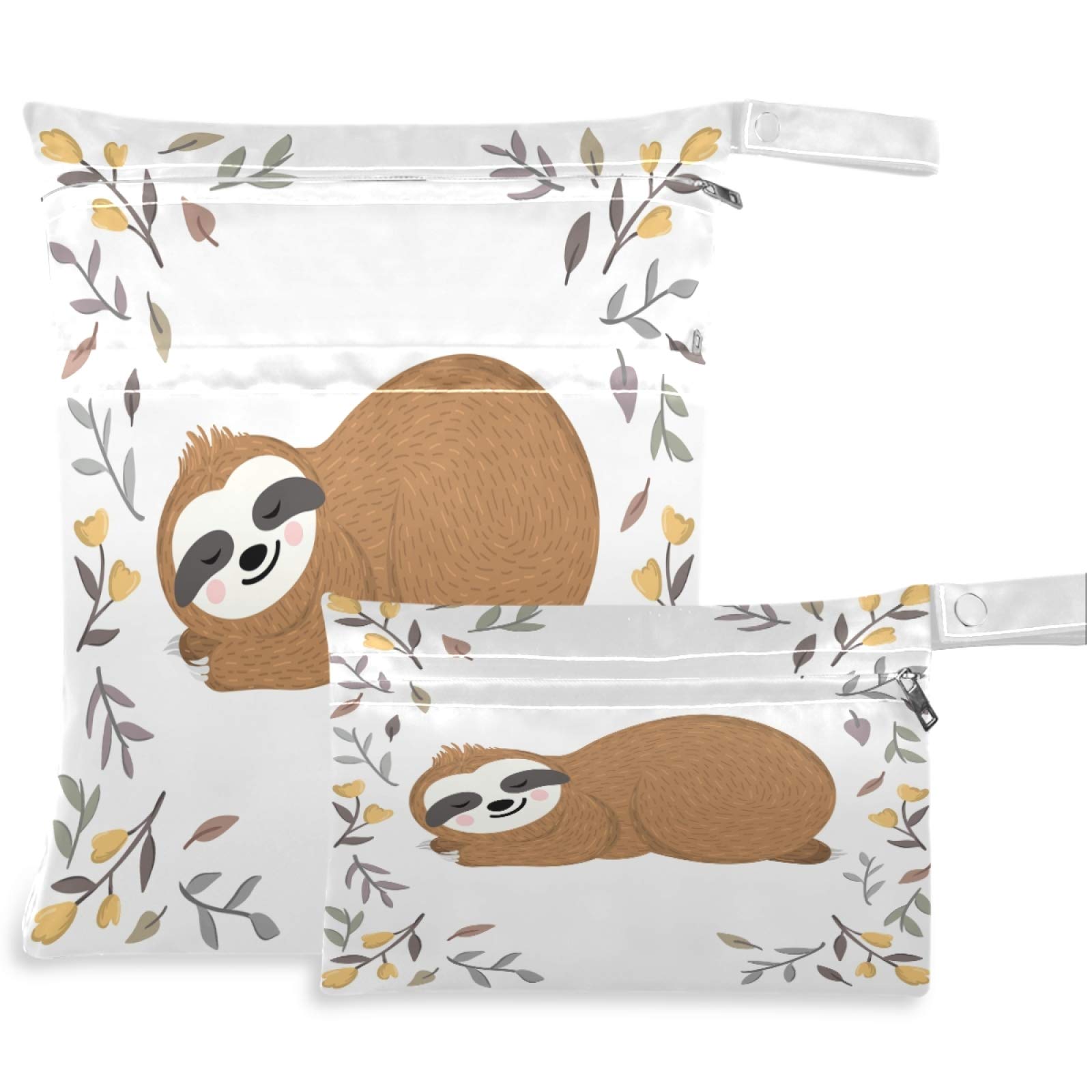Visesunny Sloth 2-Pack Waterproof Wet Bags with 2 Zippered Pockets & Snap Handle - Reusable Washable Storage for Diapers, Swimsuits, Gym Clothes - Perfect for Travel, Beach, Pool, Daycare, Stroller & Toiletries Organization
