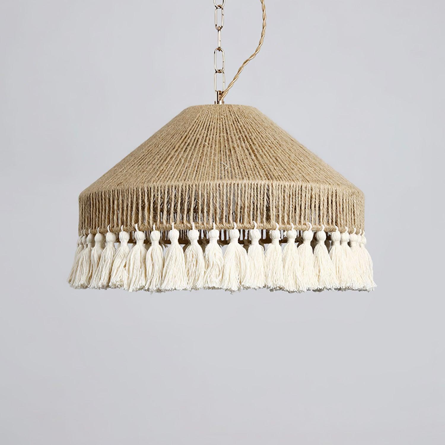 Bohemian Fringe Pendant Lamp - Handmade Rattan Chandelier for Living Room, Bedroom & Dining Room - Boho Ceiling Light Fixture for Home Decor & Cozy Ambiance