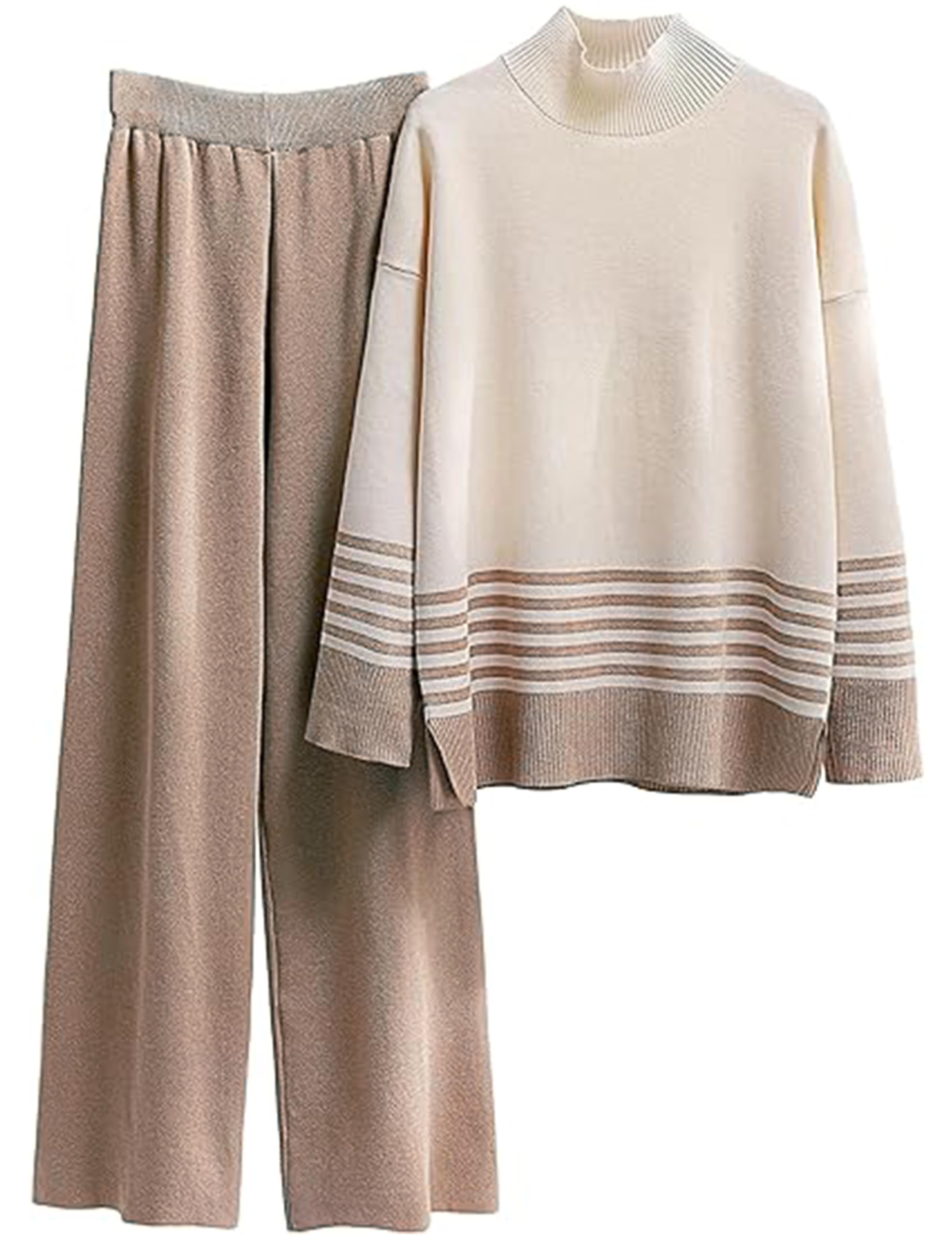 TBETNE Women's 2 Piece Knit Outfit - Long Sleeve Striped Pullover Top & Wide Leg Pants Casual Lounge Set | Cozy Sweater Tracksuit for Home, Office & Weekend Outings
