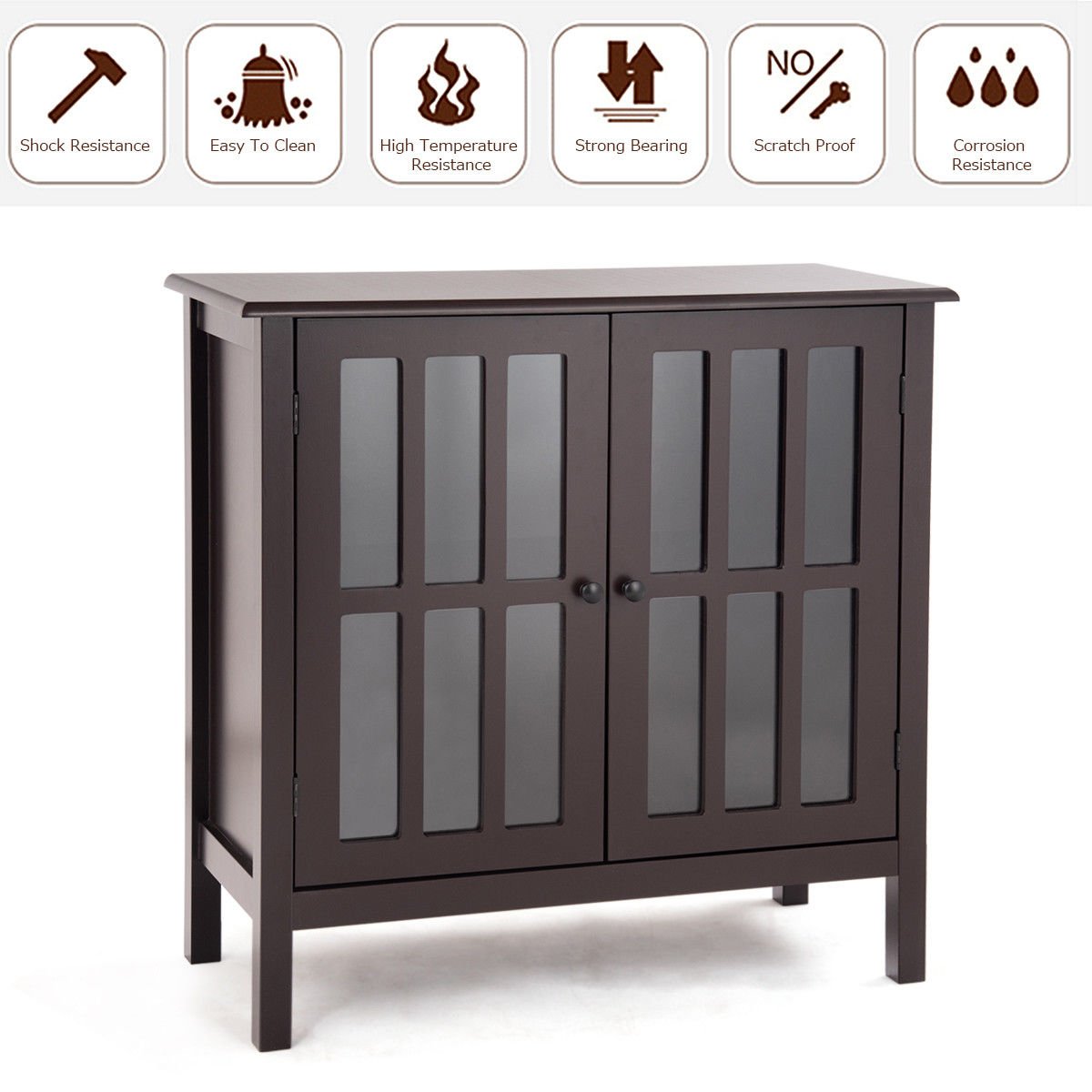 Brown Storage Buffet Cabinet with Glass Doors - Sideboard Console Table for Dining Room, Living Room Display & Storage - Perfect for Showcasing China, Glassware & Home Decor