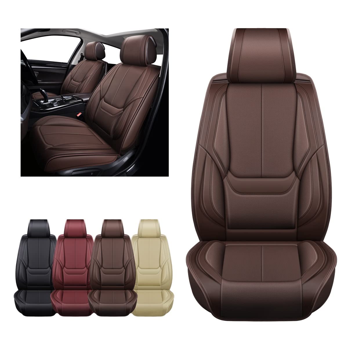 Premium Nappa Leather Car Seat Covers (2-Piece Set) - Universal Fit for Cars, SUVs & Trucks | Auto Interior Protection & Style Upgrade | Perfect for Commuting, Road Trips & Family Vehicles (Brown, OS-006)