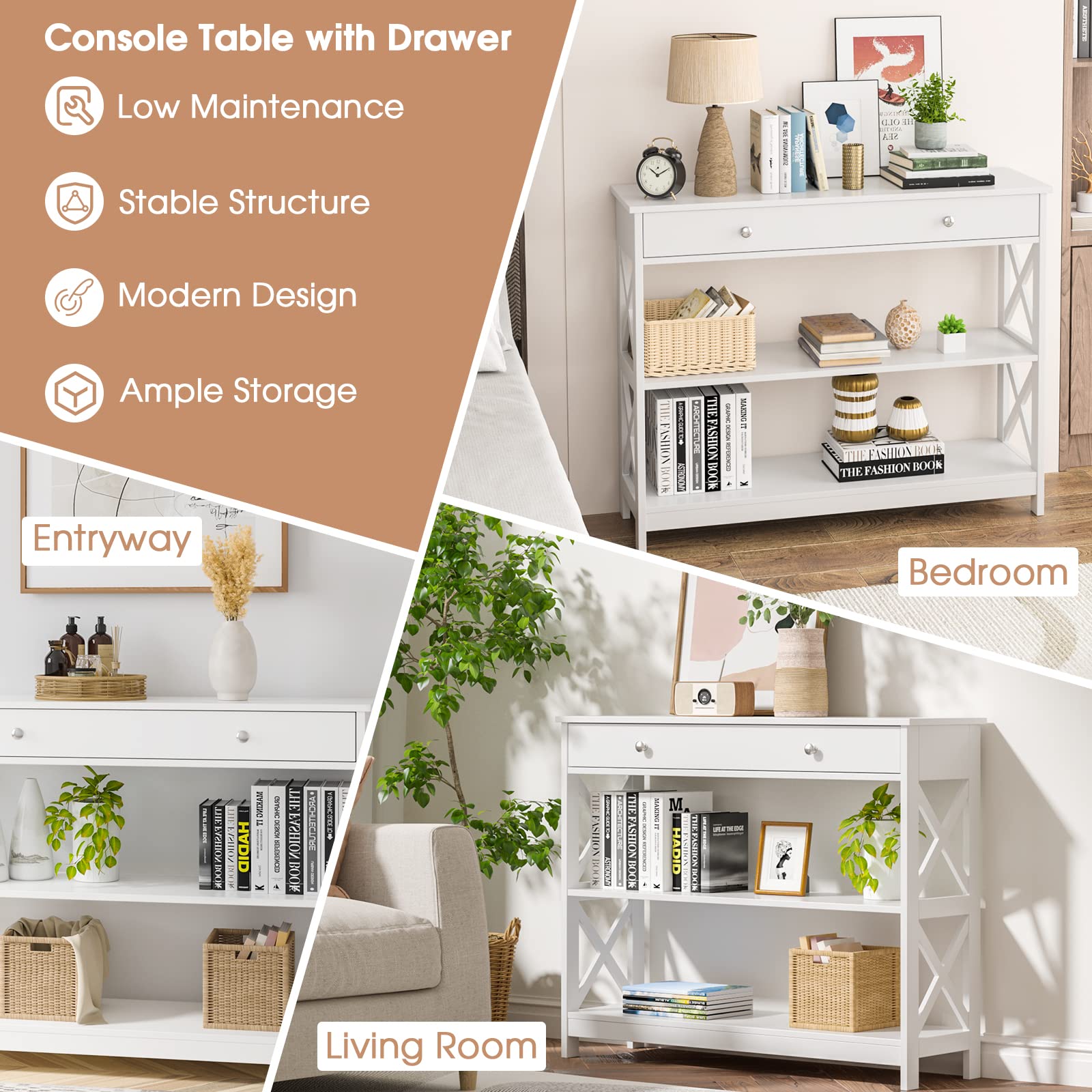 KOTEK 3-Tier Narrow Console Table with Drawer & Storage Shelves - White Entryway Sofa Table for Living Room & Hallway | Easy Assembly | Perfect for Small Spaces, Home Decor & Organizing Keys, Mail & Decor Items