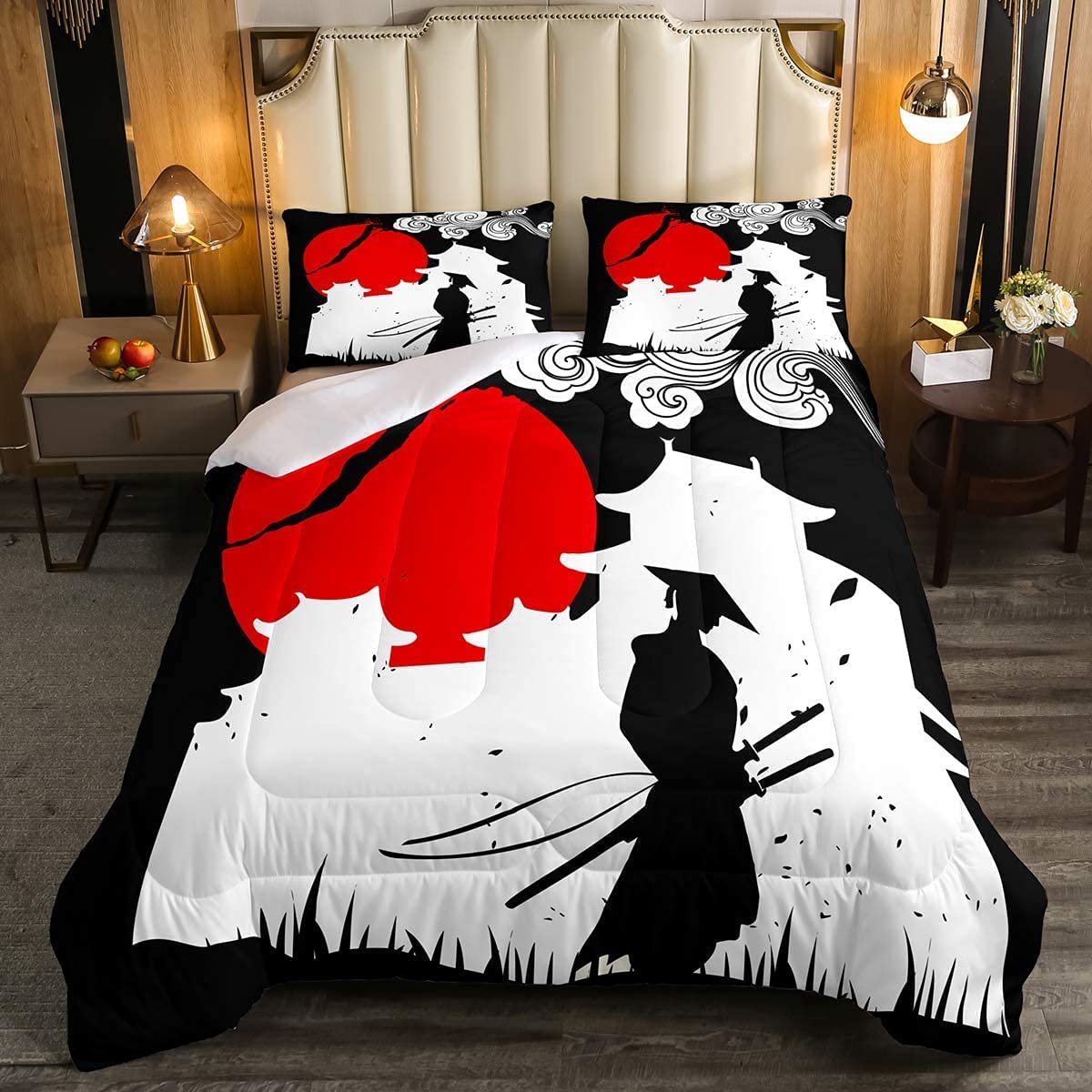 Erosebridal Samurai King Size Comforter Set - Sunset Print Down Alternative Quilt, Japanese Ukiyoe Duvet Cover with Building Silhouette Design | Ultra Lightweight & Breathable Bedding | Perfect for Modern, Asian-Inspired & Zen Bedroom Decor