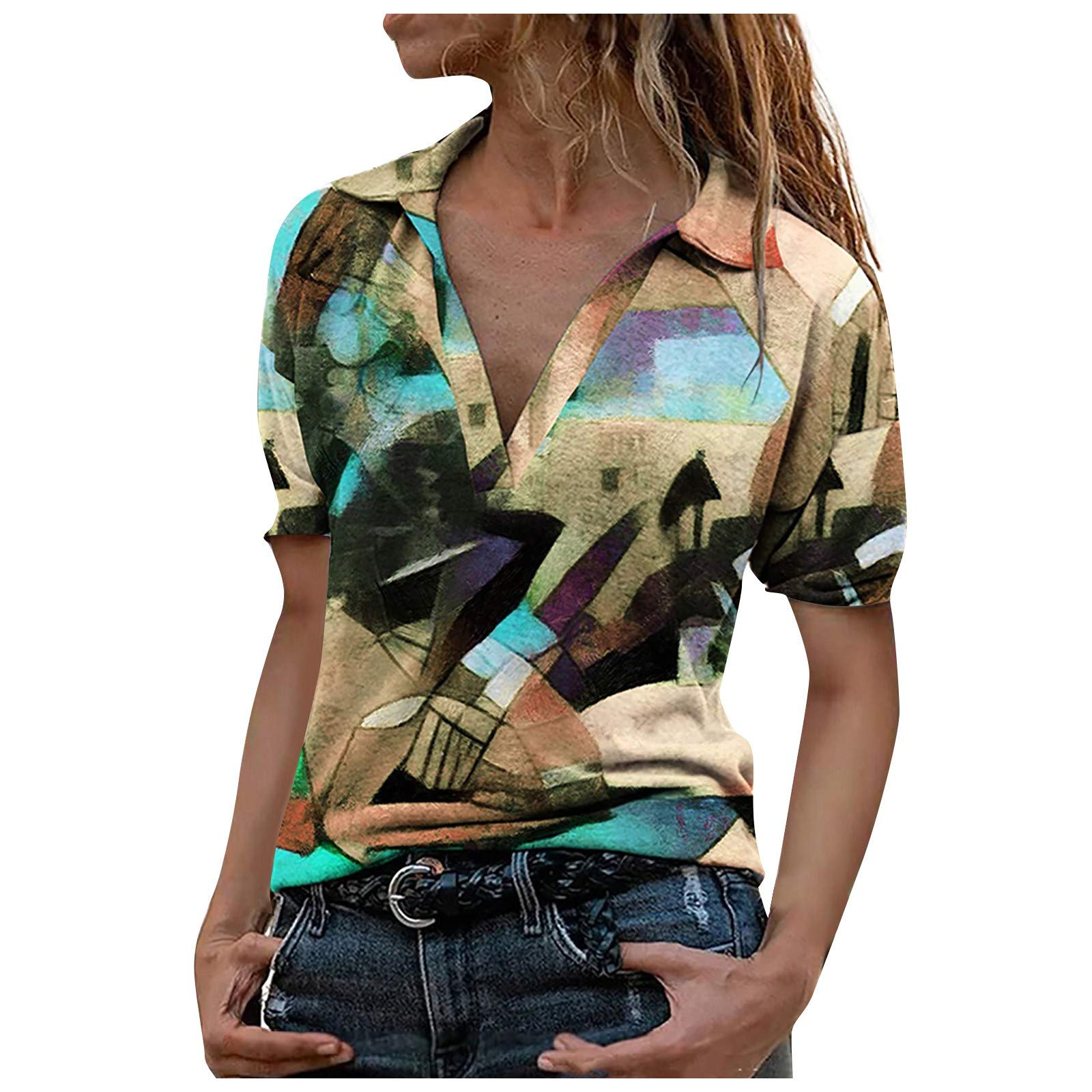 Women's Casual V-Neck Collared Short Sleeve Retro Printed T-Shirt - Summer Loose Fit Tunic Top Plus Size Blouse | Perfect for Beach Outings, Weekend Wear & Casual Office Looks