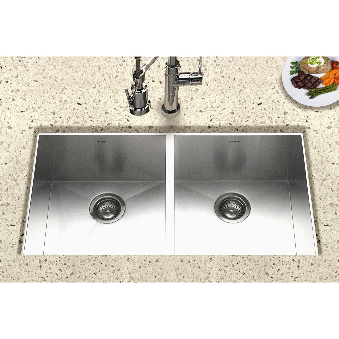 Houzer CTD 3350 Contempo Series 50/50 Double Bowl Undermount Stainless Steel Kitchen Sink - Perfect for Modern Kitchens, Restaurants & Food Prep Areas
