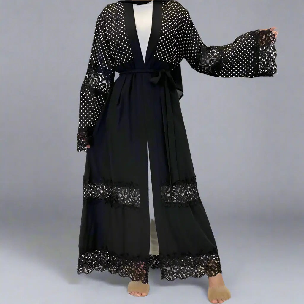 Elegant Lace Polka Dot Cardigan Open Abaya Dress for Women - Stylish Muslim Fashion for Casual Wear, Office & Special Occasions