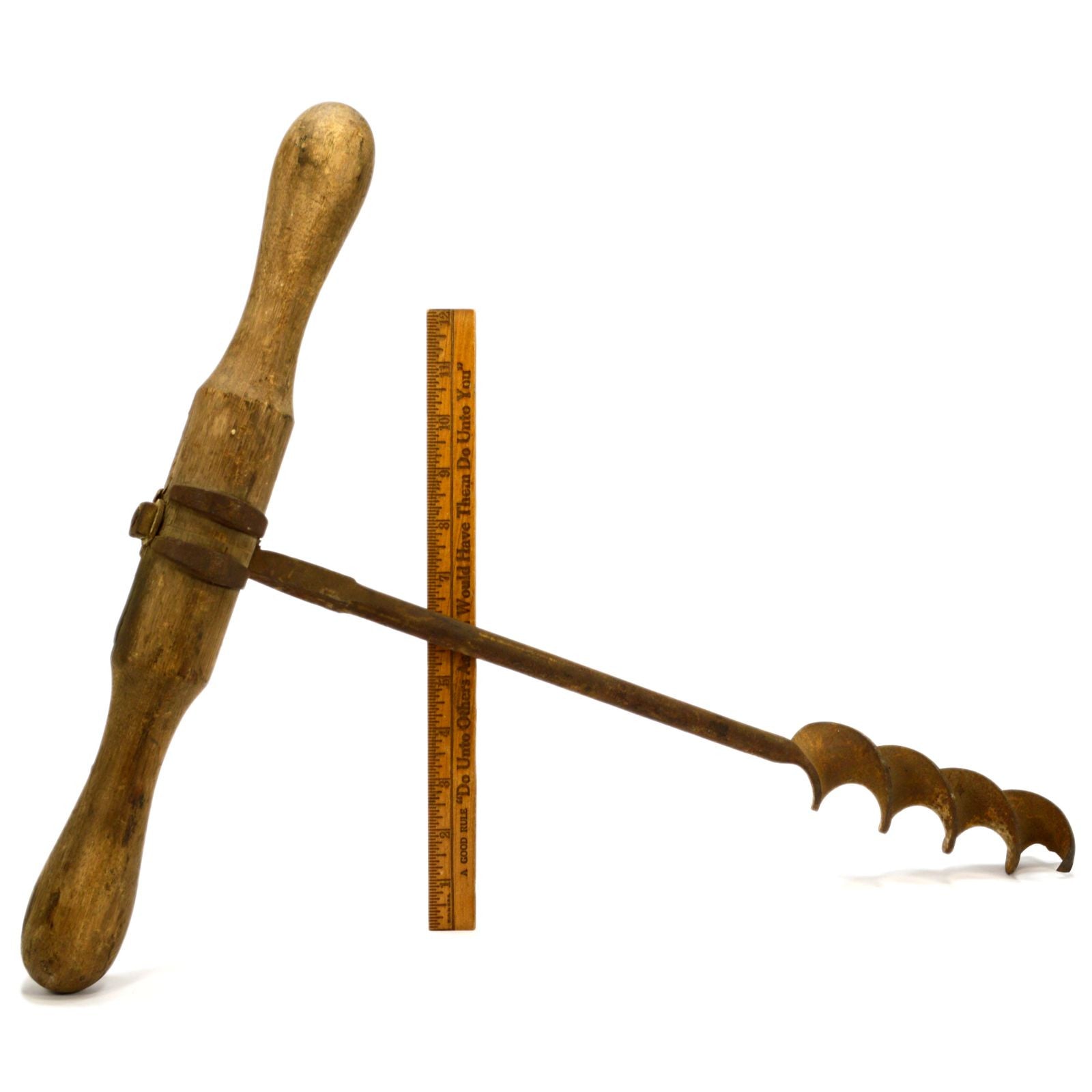 Antique T-Handle Beam Auger - Unbranded Log Boring Tool with 2 Bore Bits - Primitive Wood Drill for Carpentry, DIY Projects & Timber Construction