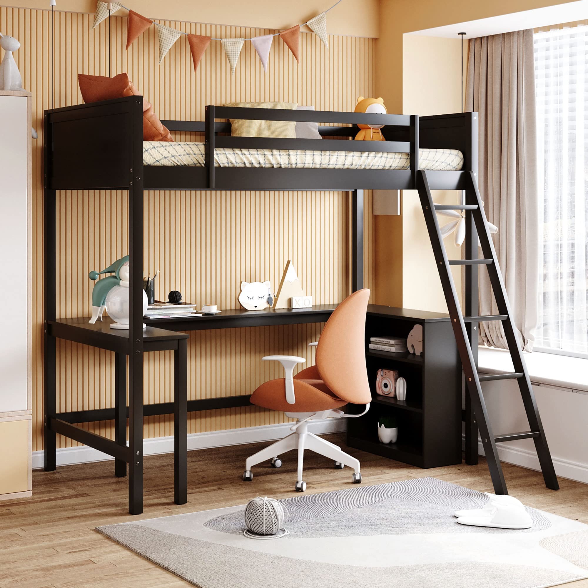 Harper & Bright Designs Twin Loft Bed with Desk & Storage - Wooden High Loft Bed Frame for Kids & Teens - Safety Guardrails, No Box Spring Needed - Perfect for Small Bedrooms & Dorm Rooms (Twin, Espresso)