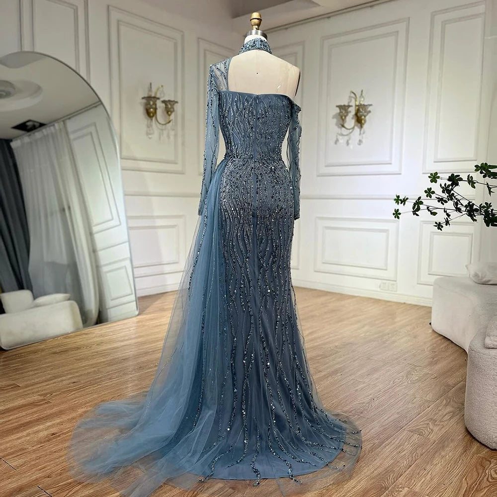 Elegant Blue Beaded Mermaid Evening Dress with High Slit for Women - Wedding, Party, Prom & Formal Gowns - Perfect for 2025 Special Occasions & Arabic Celebrations