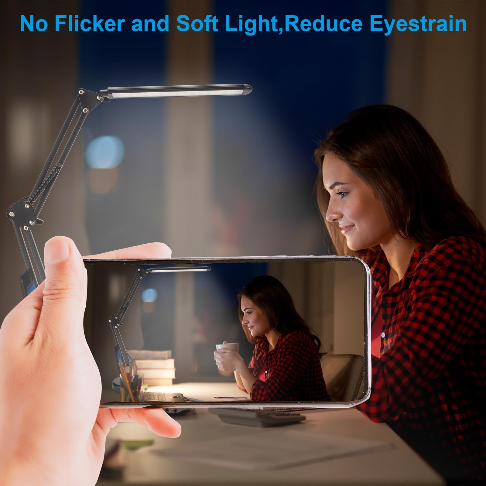 2 Pack LED Desk Lamp with Clamp - Eye-Caring Metal Swing Arm, 10 Dimmable Brightness & 3 Light Modes for Reading - Perfect Home Office Lighting for Work, Study and Nightstand Use