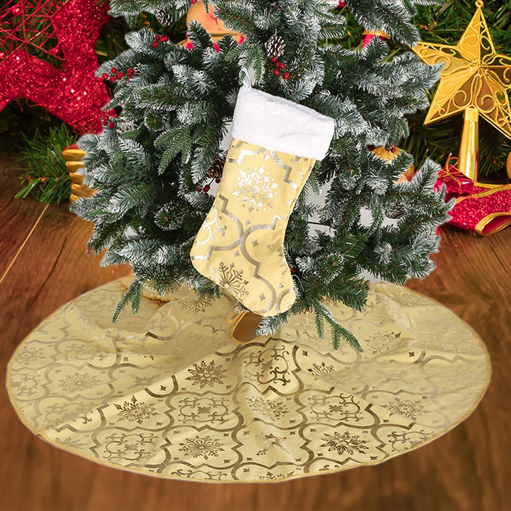 Poise3EHome 48-Inch Yellow Christmas Tree Skirt with Stockings - Holiday Decor for Halloween & Christmas | Festive Tree Base Cover for Living Room, Party & Seasonal Celebrations